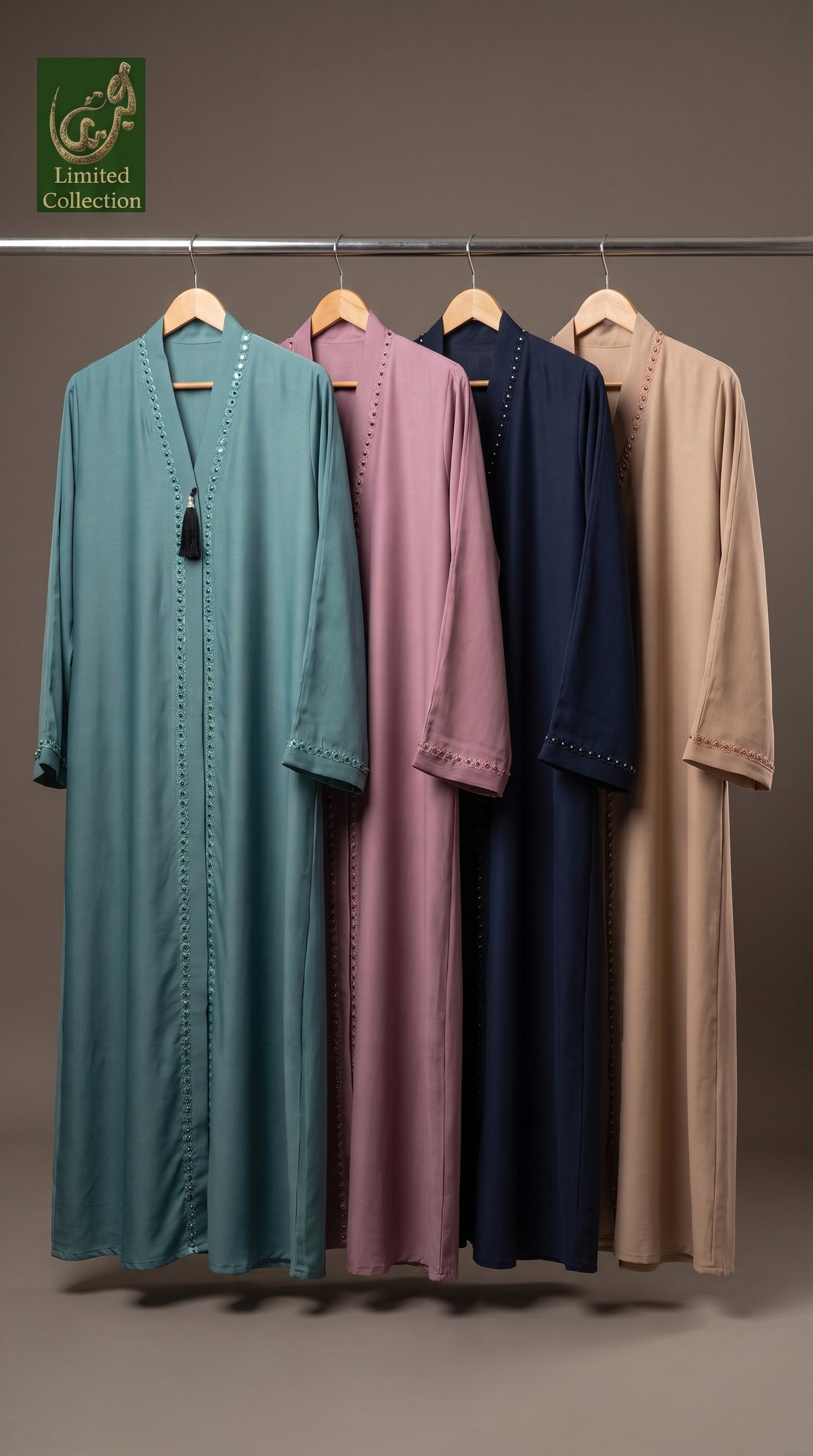 Front-Open Handwork Cutdana Abaya with a Tassel | Premium Romantic Nida Handcrafted Cutdana Colored Abaya