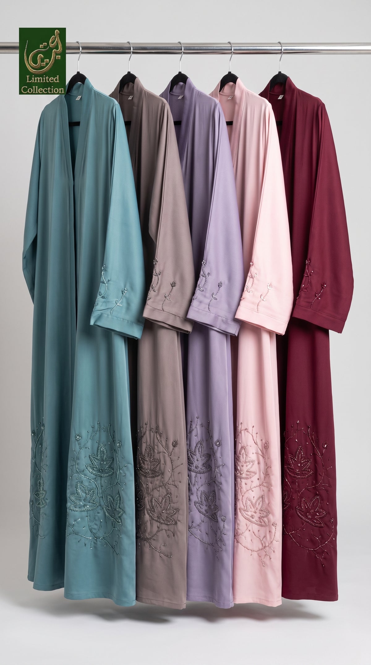 Front-Open Handcrafted Lotus Vine Cutdana Abaya | Premium Romantic Nida Handwork Embellished Abaya