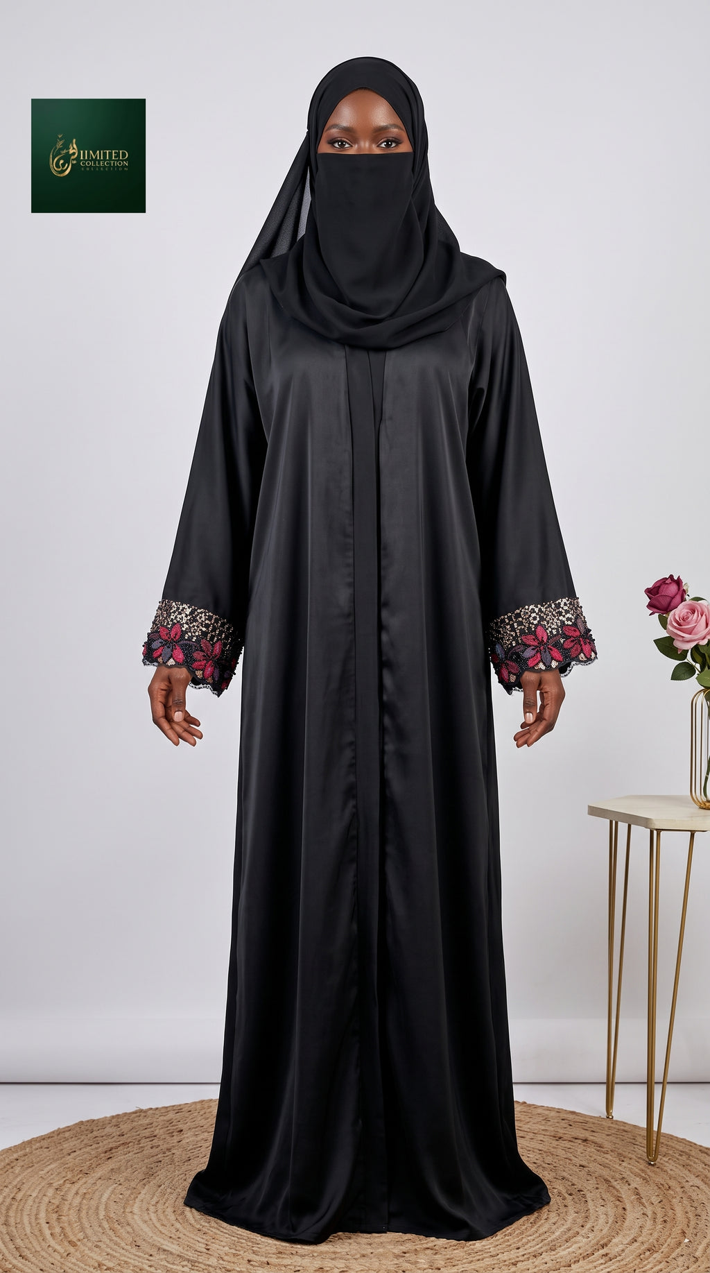 Front-Open Black Abaya with Floral Handwork Tissue Cutdana Cuffs | Premium Nida Black Handcrafted Cutdana Abaya