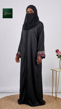 Front-Open Black Abaya with Floral Handwork Tissue Cutdana Cuffs | Premium Nida Black Handcrafted Cutdana Abaya
