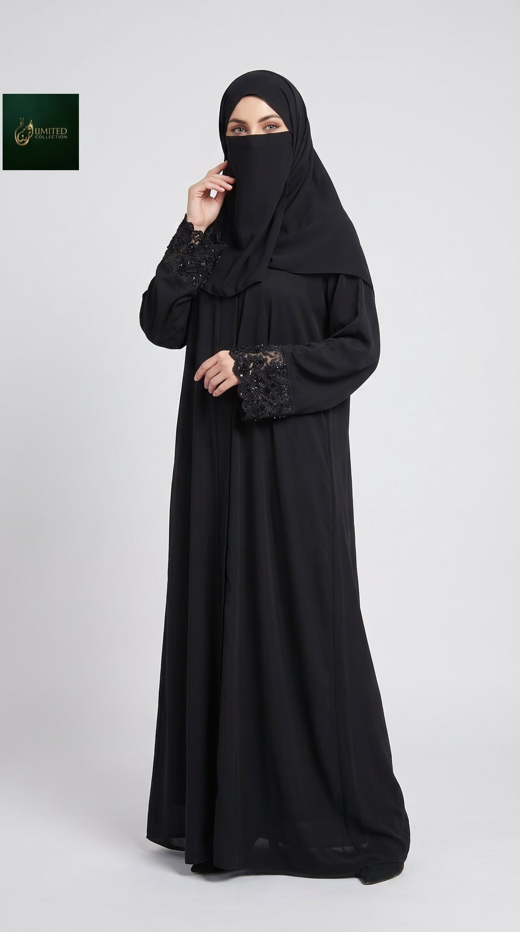 Front-Open Black Abaya with 3D Floral Handcrafted Tissue Cutdana Cuffs | Premium Nida Black Tissue Cutdana Handwork Abaya