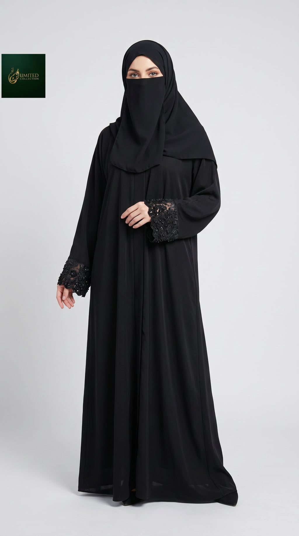 Front-Open Black Abaya with 3D Floral Handcrafted Tissue Cutdana Cuffs | Premium Nida Black Tissue Cutdana Handwork Abaya