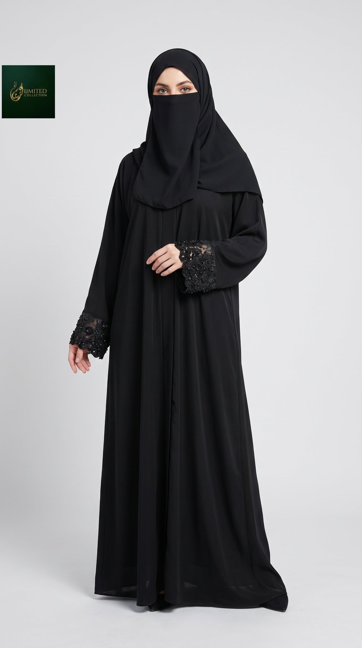 Front-Open Black Abaya with 3D Floral Handcrafted Tissue Cutdana Cuffs | Premium Nida Black Tissue Cutdana Handwork Abaya