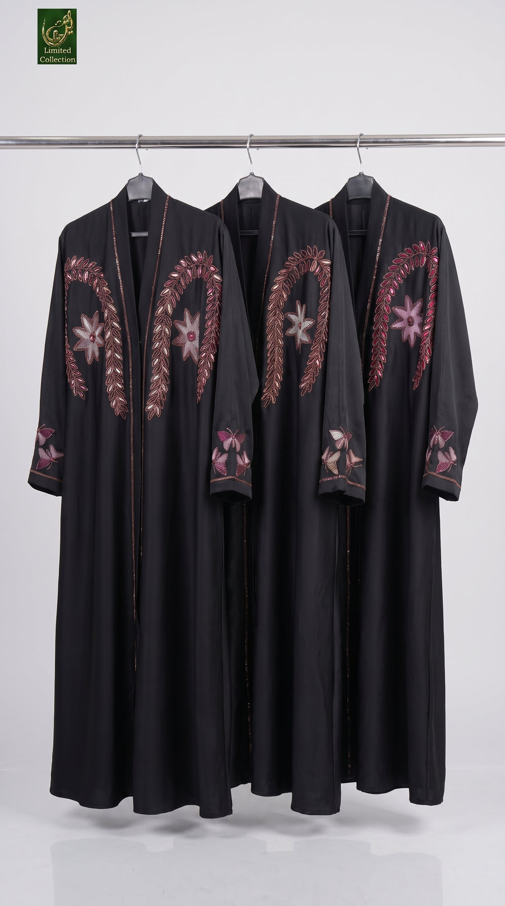 Front-Open Star Flower Stone Embroidery Abaya | Premium Romantic Nida Stonework Abaya