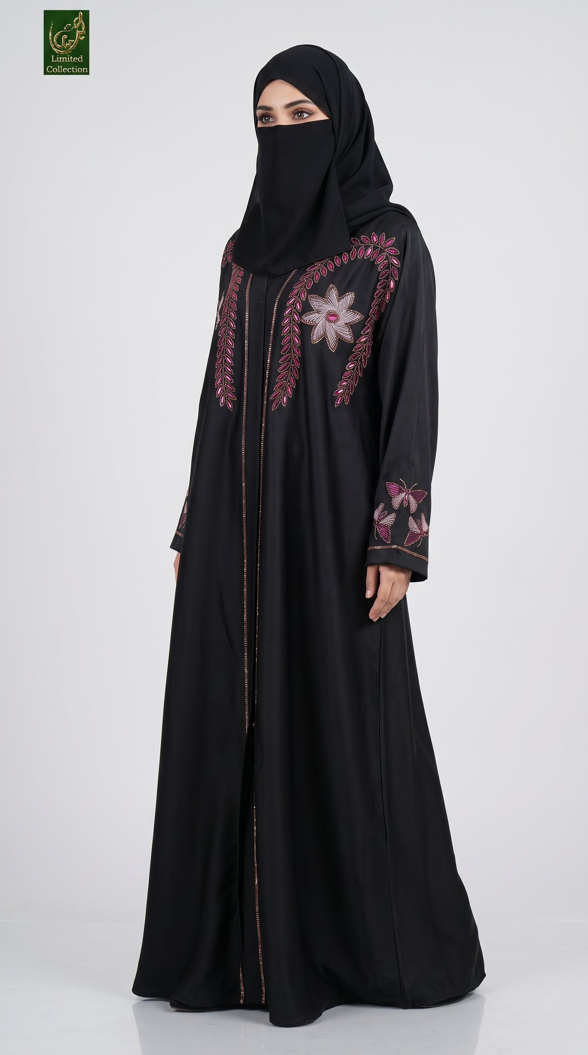 Front-Open Star Flower Stone Embroidery Abaya | Premium Romantic Nida Stonework Abaya
