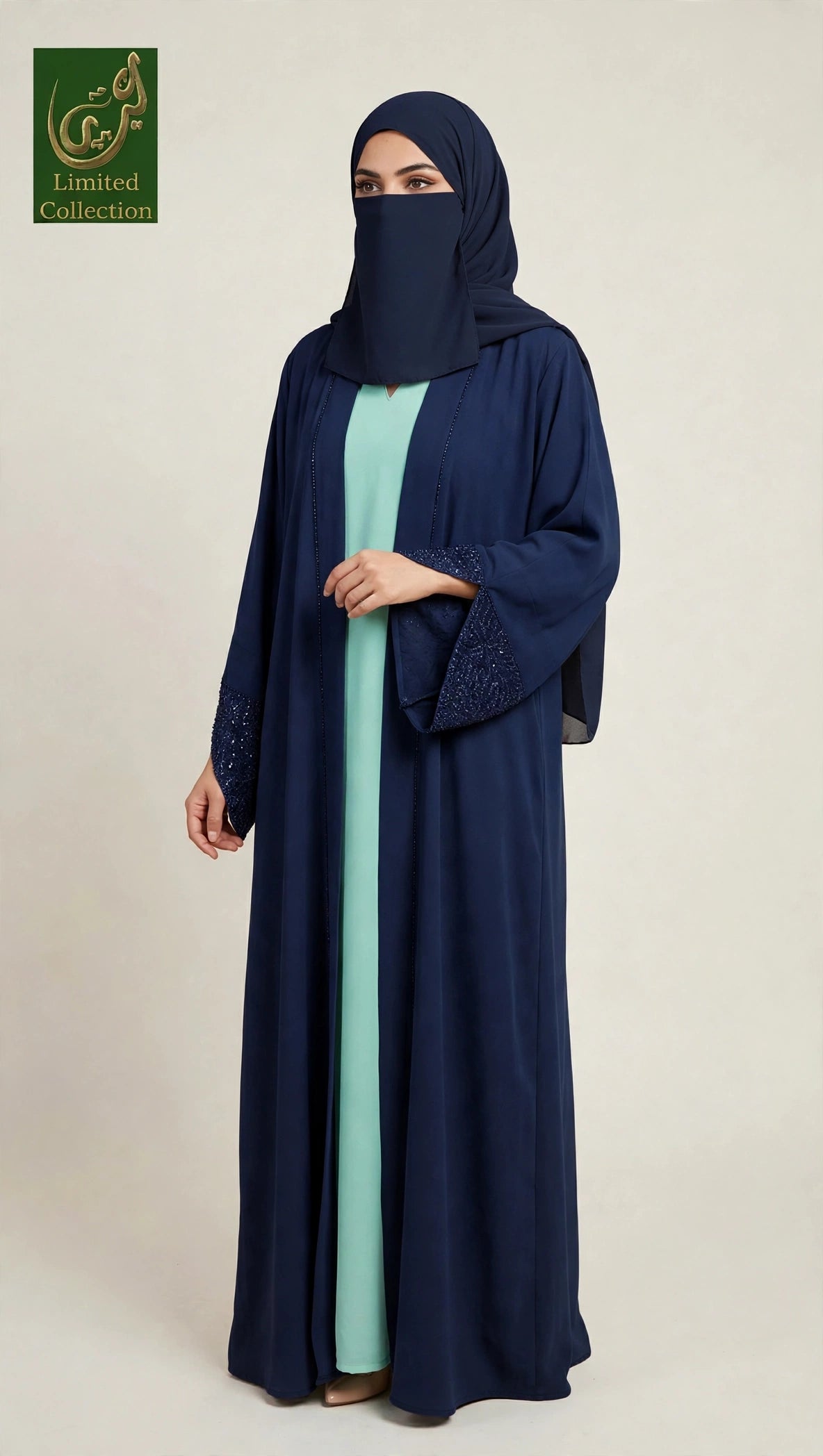 Front-Open Stonework Kimono Abaya with Separate Inner & Scarf | Premium Chiffon Stone-Studded 3 pc Set Abaya+Inner+Scarf