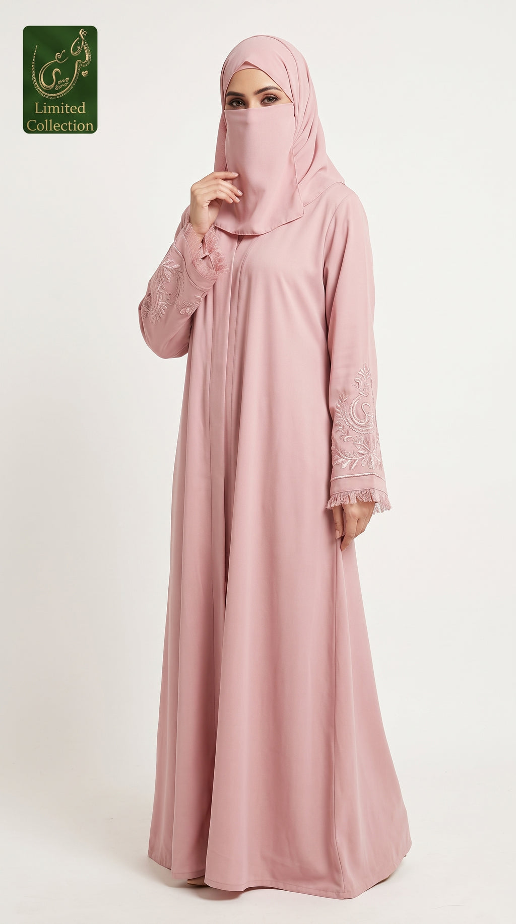 Front-Open Cutdana Handwork Abaya | Premium Romantic Nida Abaya with Handcrafted Cutdana on Sleeves