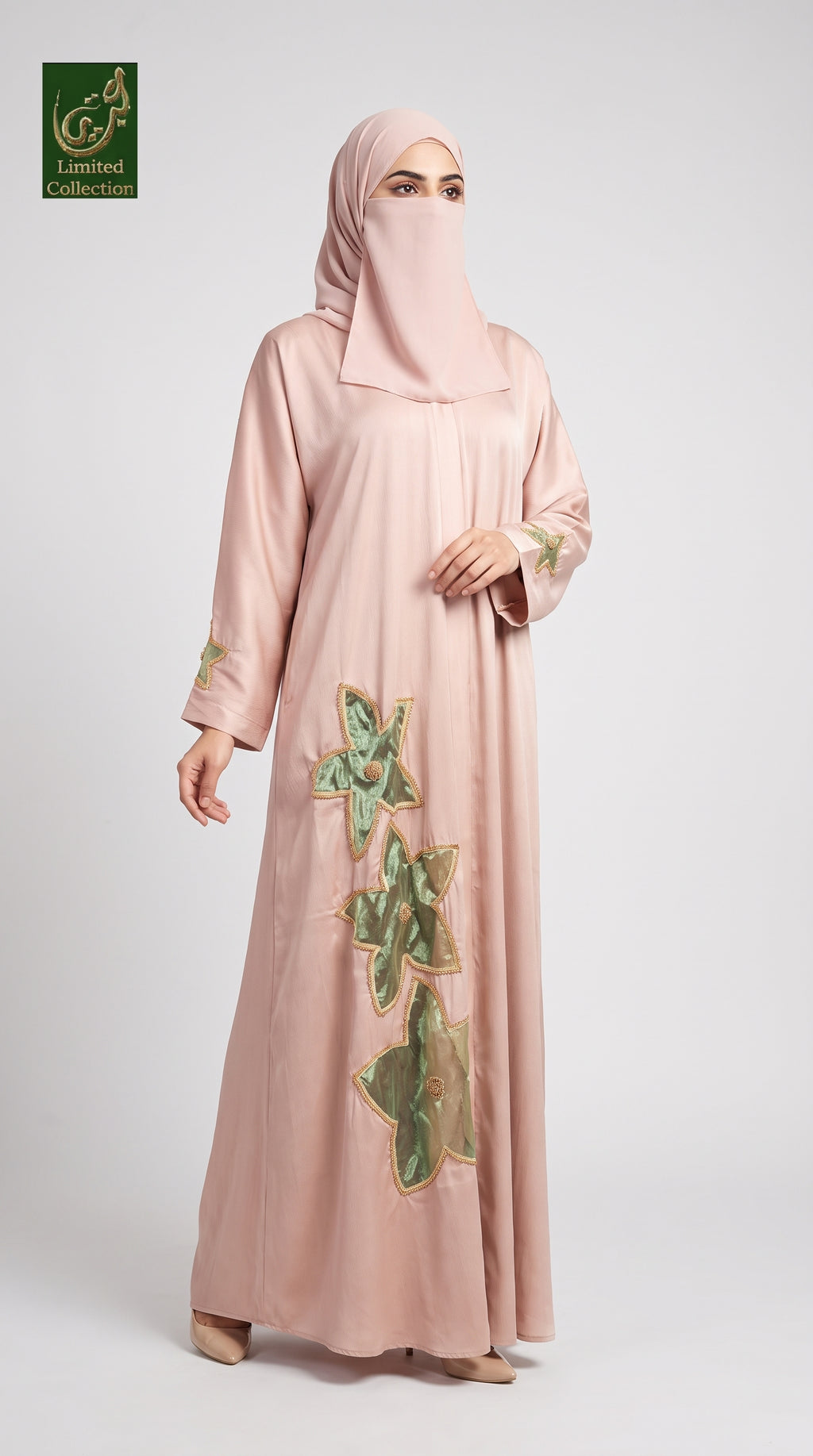 Front-Open Star Tissue Handwork Cutdana Abaya | Premium Romantic Nida Handcrafted Cutdana Abaya