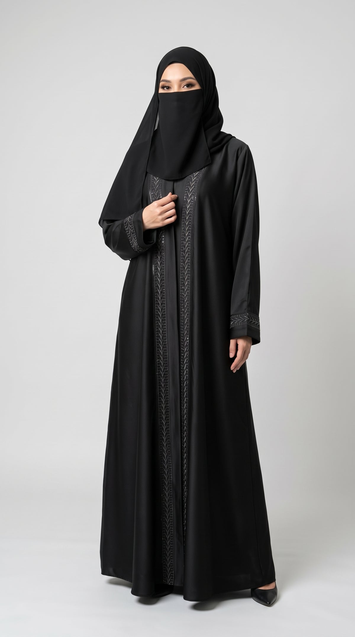 Front-Open Black Stonework Embroidery Abaya | Premium Nida Black Chevron Stone-Embroidered Abaya