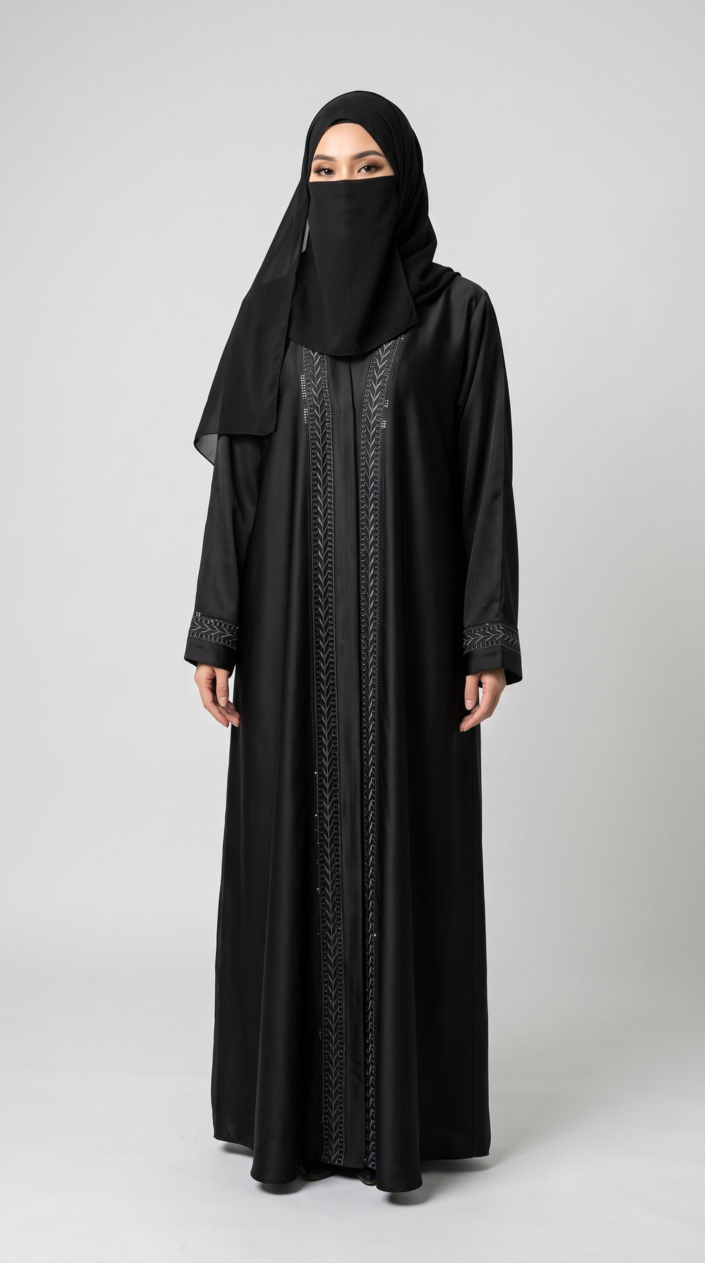 Front-Open Black Stonework Embroidery Abaya | Premium Nida Black Chevron Stone-Embroidered Abaya
