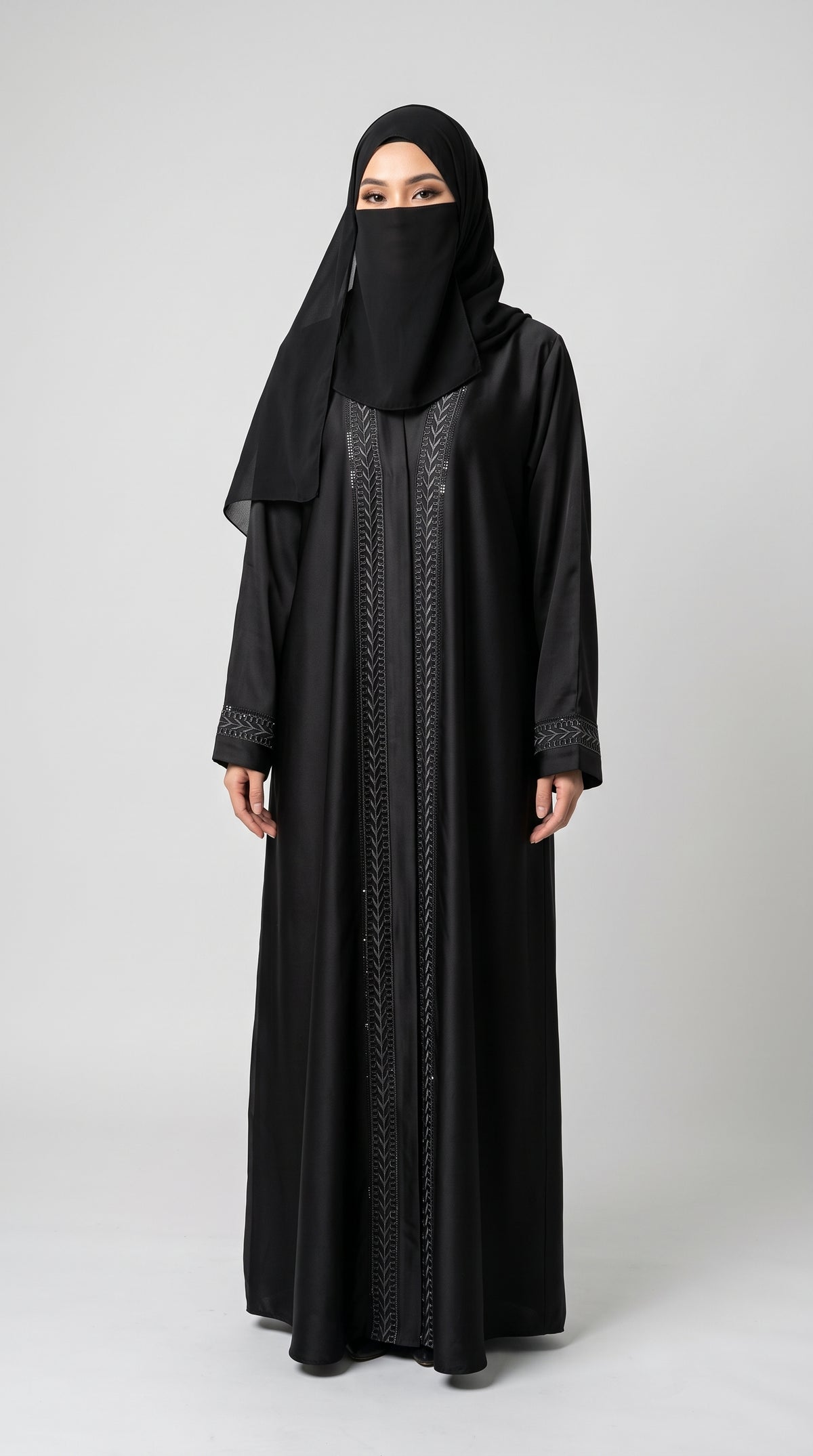 Front-Open Black Stonework Embroidery Abaya | Premium Nida Black Chevron Stone-Embroidered Abaya