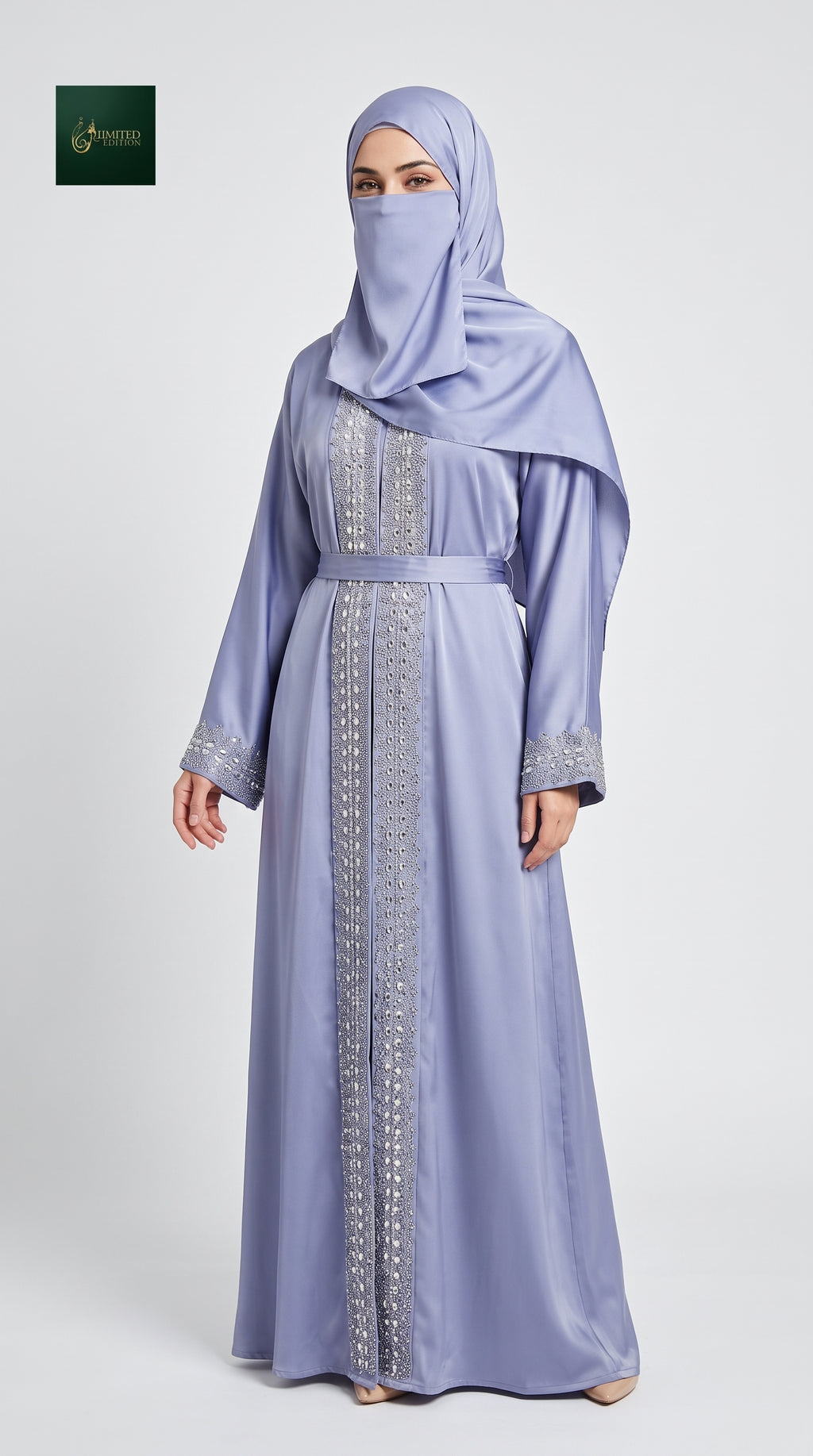 Front-Open Dubai Style Stone-Embroidered Abaya with Belt | Premium Romantic Nida Stonework Abaya with Belt
