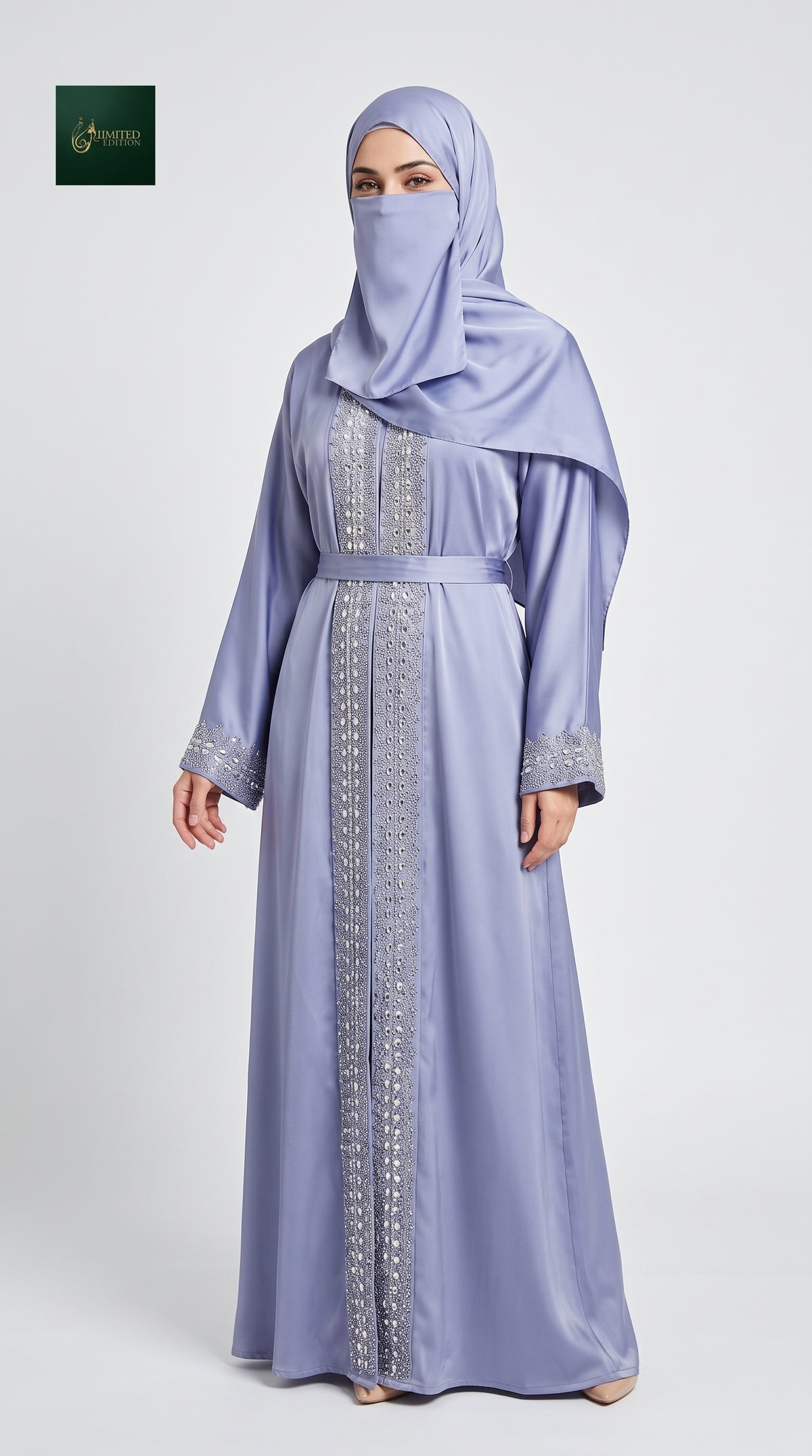 Front-Open Dubai Style Stone-Embroidered Abaya with Belt | Premium Romantic Nida Stonework Abaya with Belt