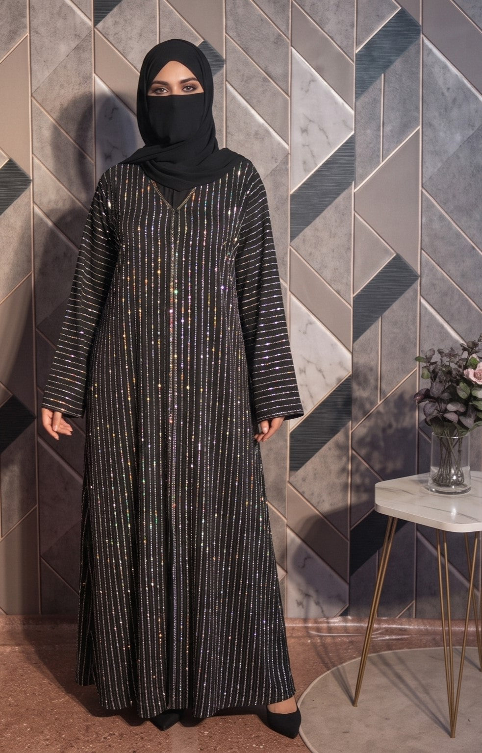 Front-Open Stonework Abaya | Premium Nida Full-Body Stonework Abaya