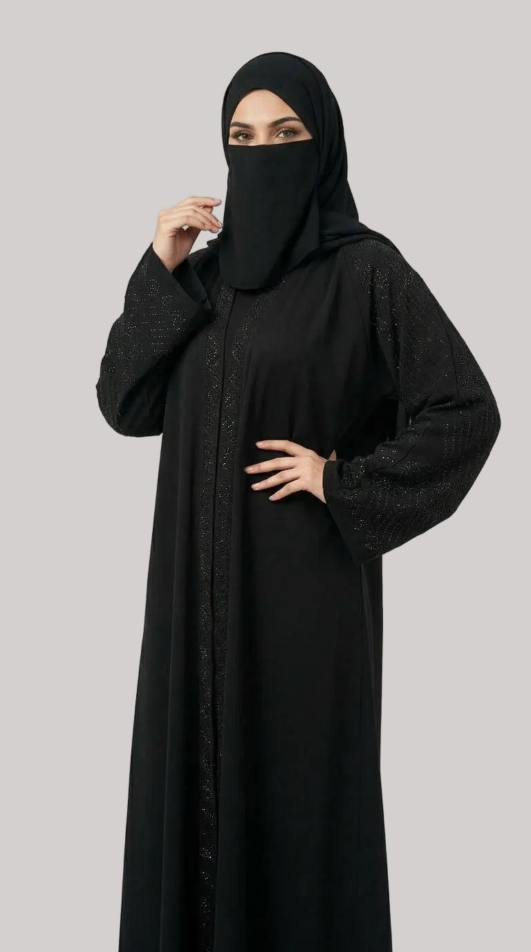 Front-Open Black Abaya with Black All Over Stonework | Premium Nida Black Stonework Abaya