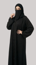 Front-Open Black Abaya with Black All Over Stonework | Premium Nida Black Stonework Abaya