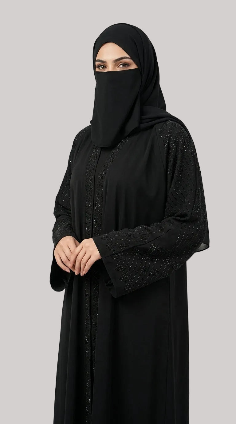 Front-Open Black Abaya with Black All Over Stonework | Premium Nida Black Stonework Abaya