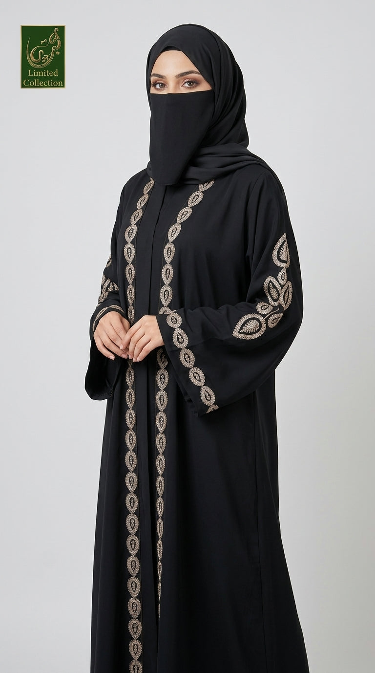Front-Open High-Neck Stone-Studded Abaya | Premium Nida Teardrop Stonework Abaya