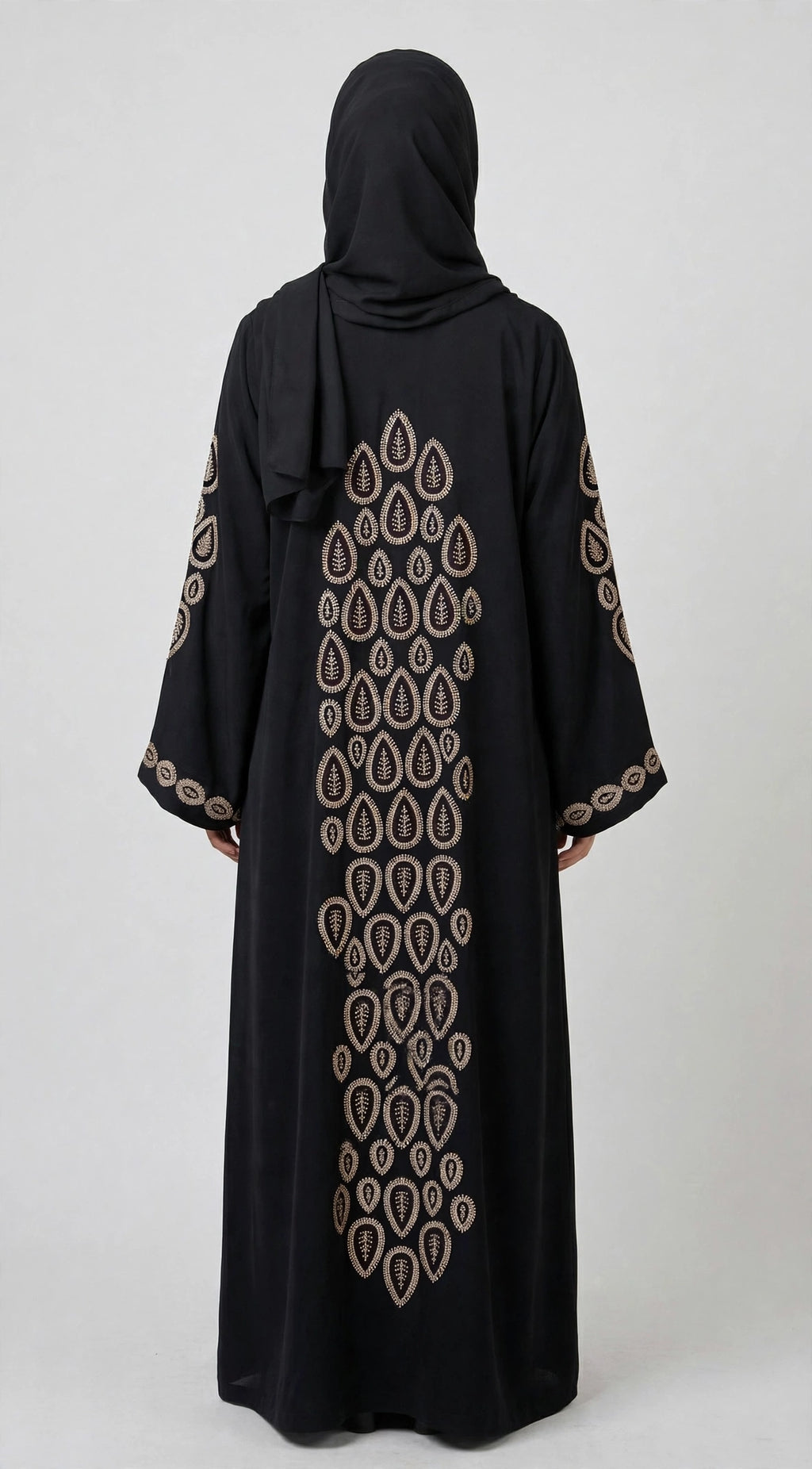 Front-Open High-Neck Stone-Studded Abaya | Premium Nida Teardrop Stonework Abaya