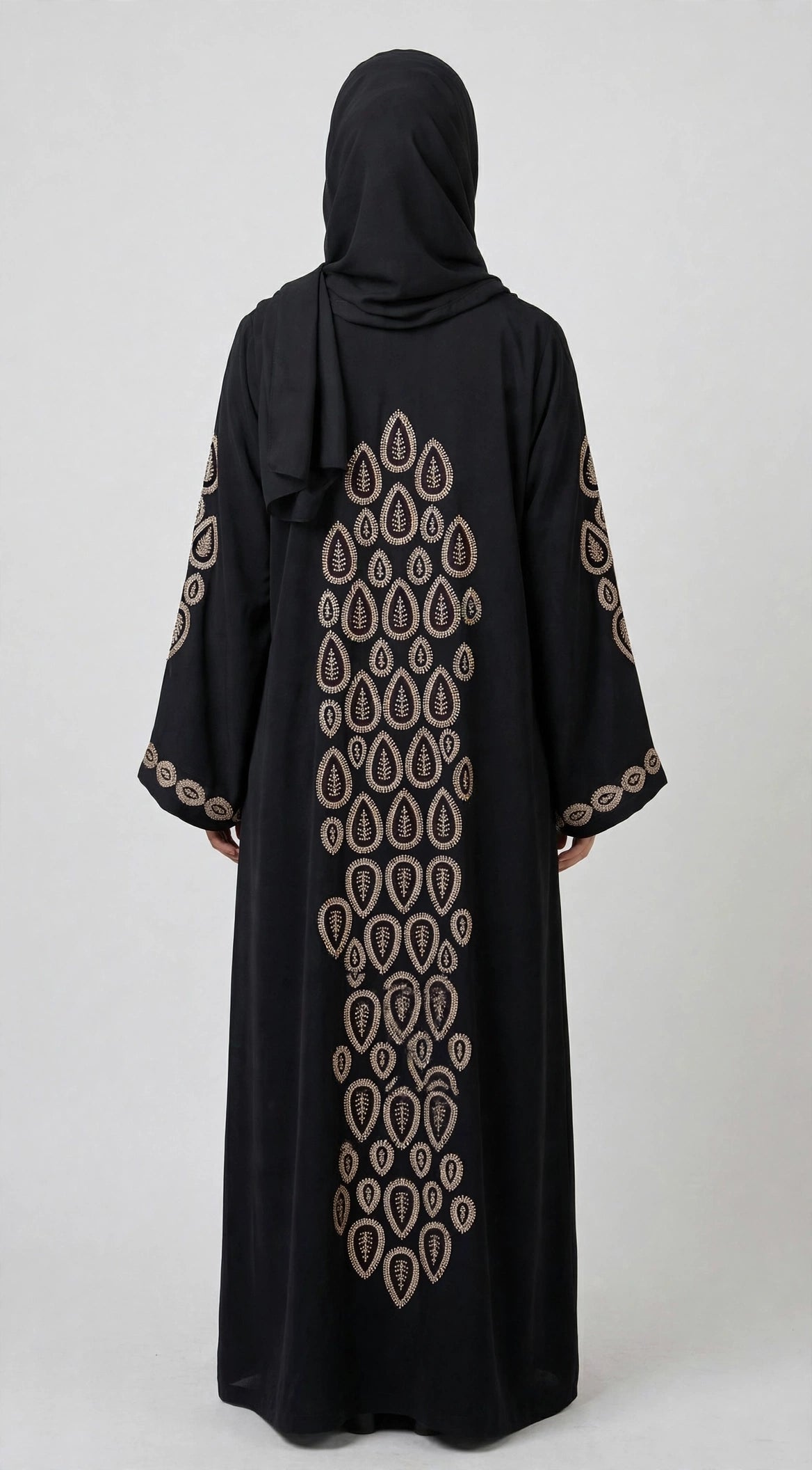 Front-Open High-Neck Stone-Studded Abaya | Premium Nida Teardrop Stonework Abaya