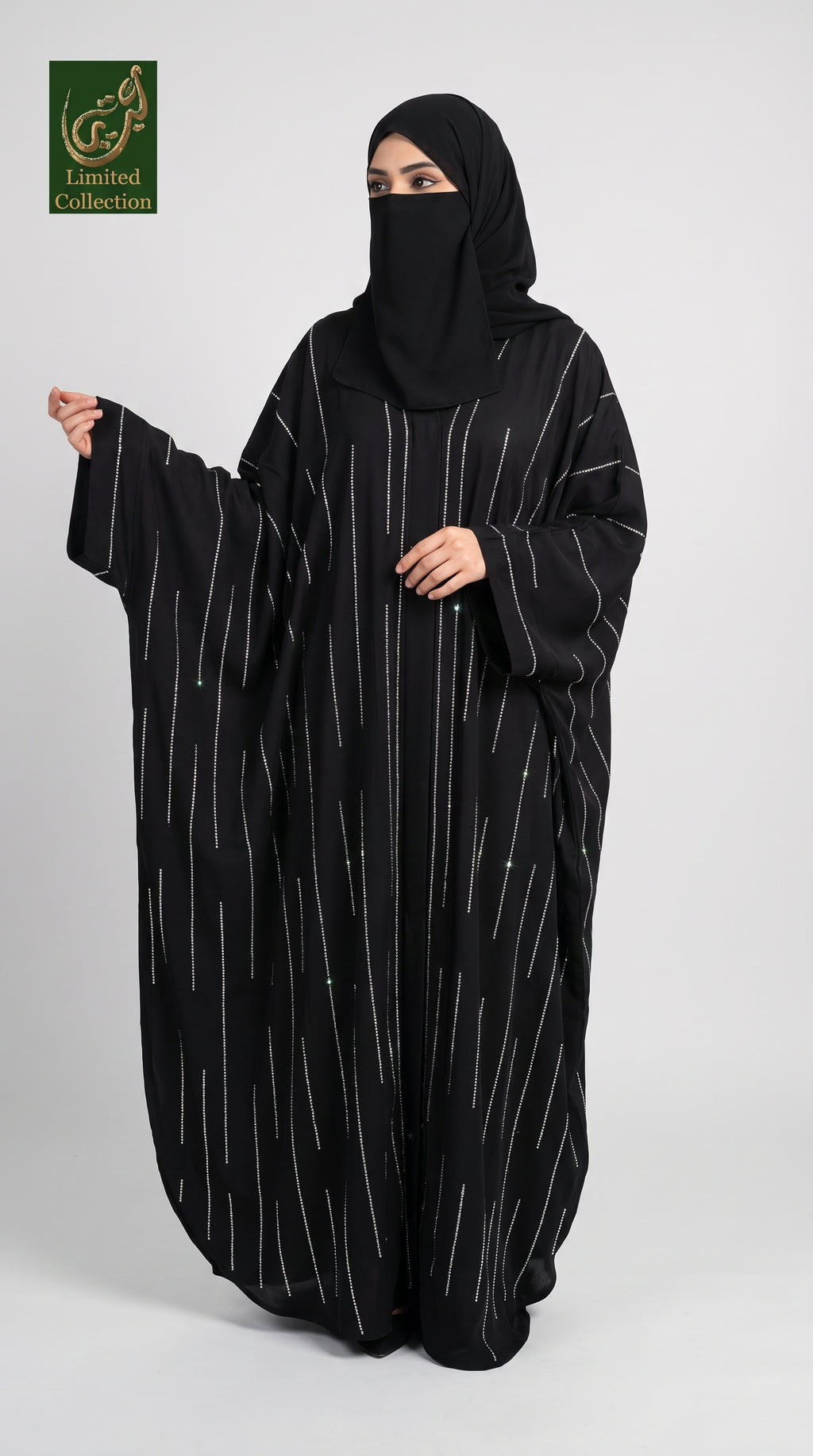 Front-Open Line Stonework Butterfly Abaya | Premium Nida Stonework Butterfly Black Abaya