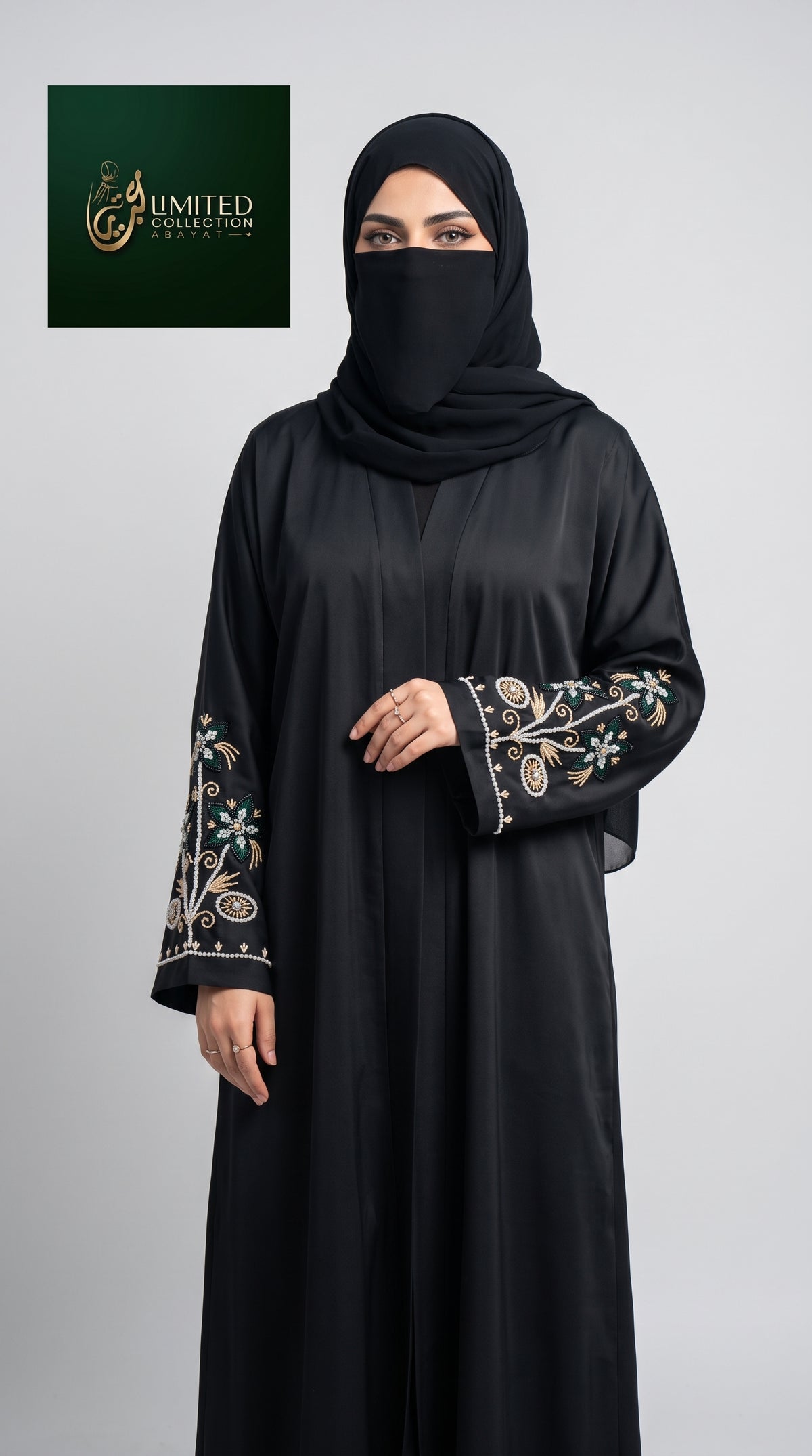 Front-Open Bloom Cuff Stonework Abaya | Premium Nida Beaded Sleeve Abaya