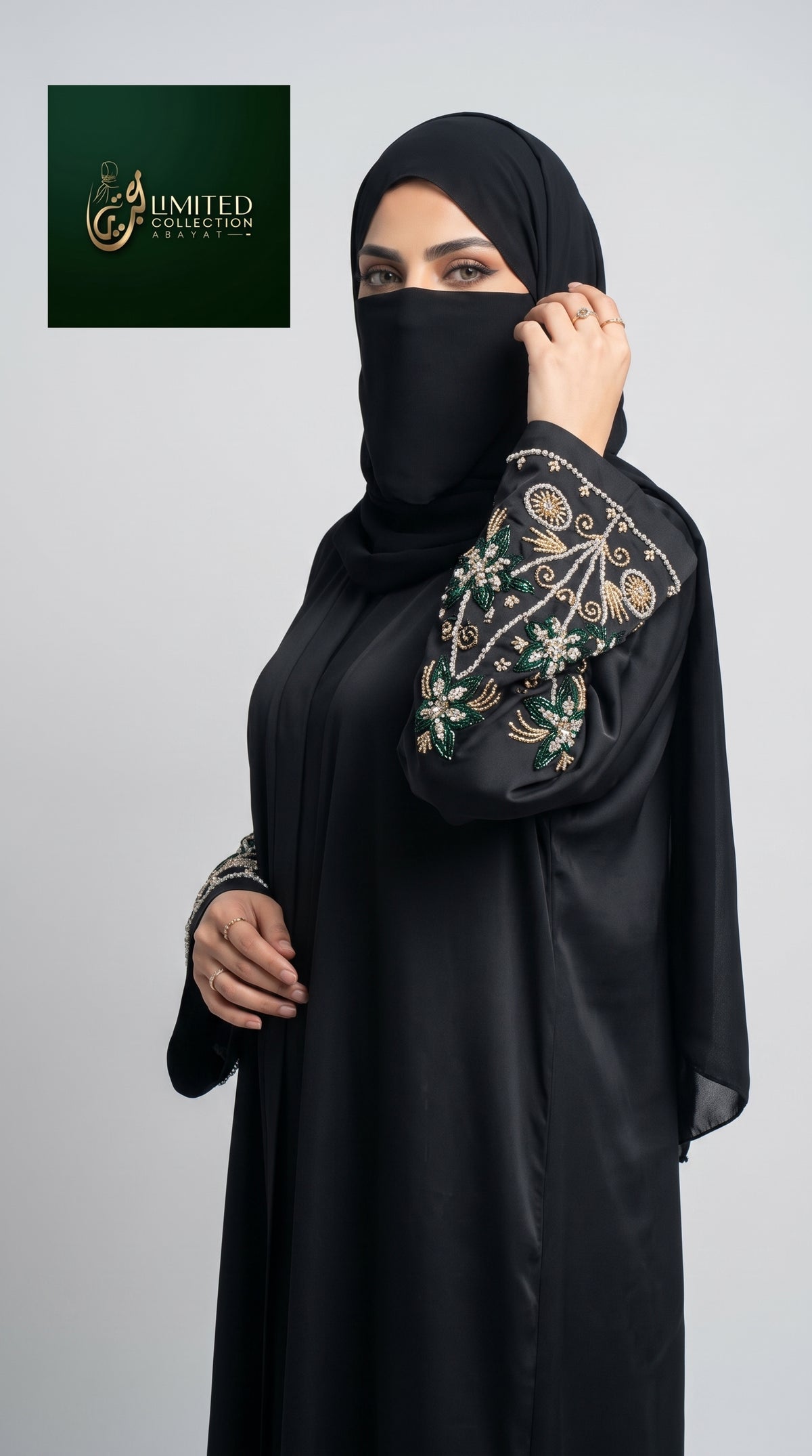 Front-Open Bloom Cuff Stonework Abaya | Premium Nida Beaded Sleeve Abaya