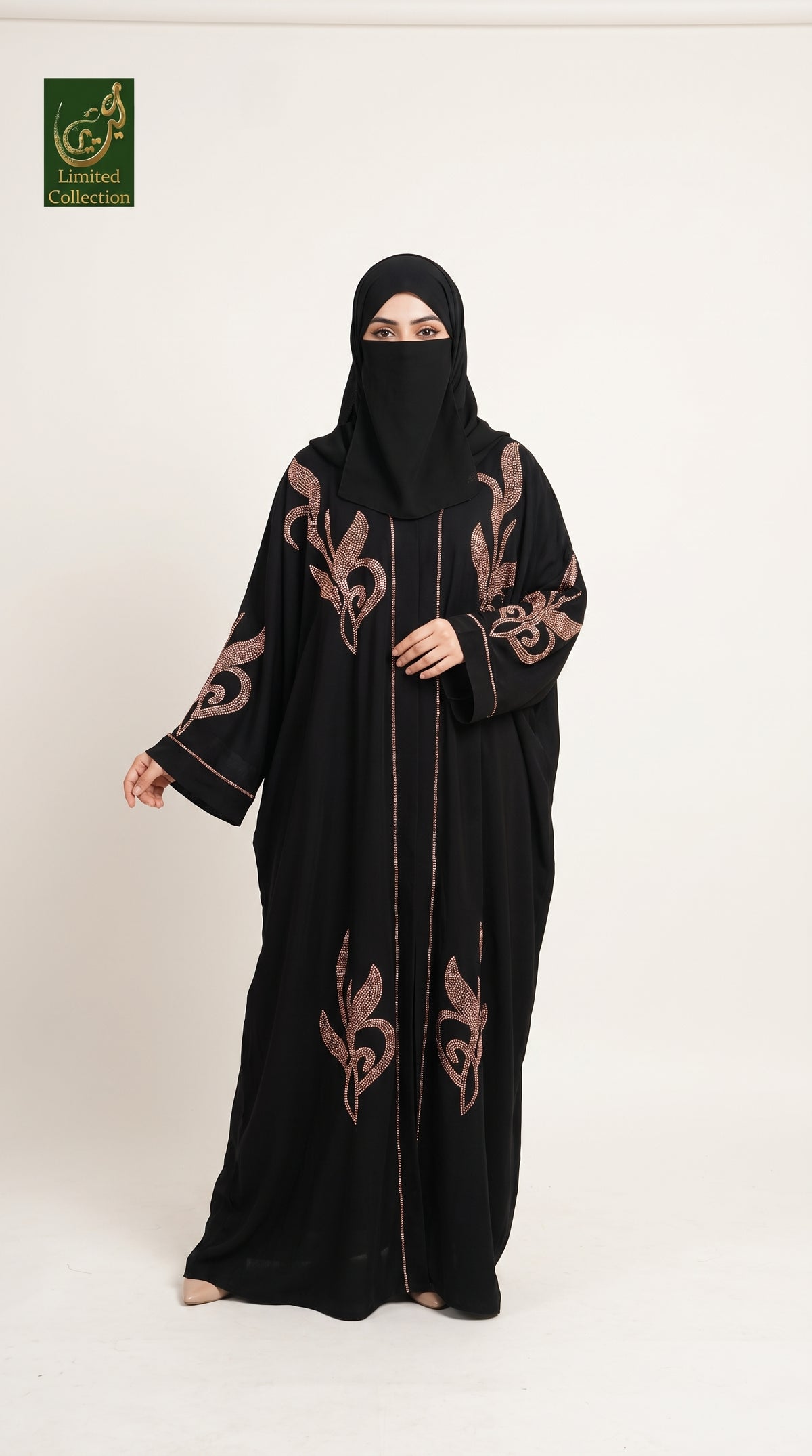 Front-Open Rose-Gold Stonework Black Abaya | Premium Nida Flame Motif Stonework Black Abaya
