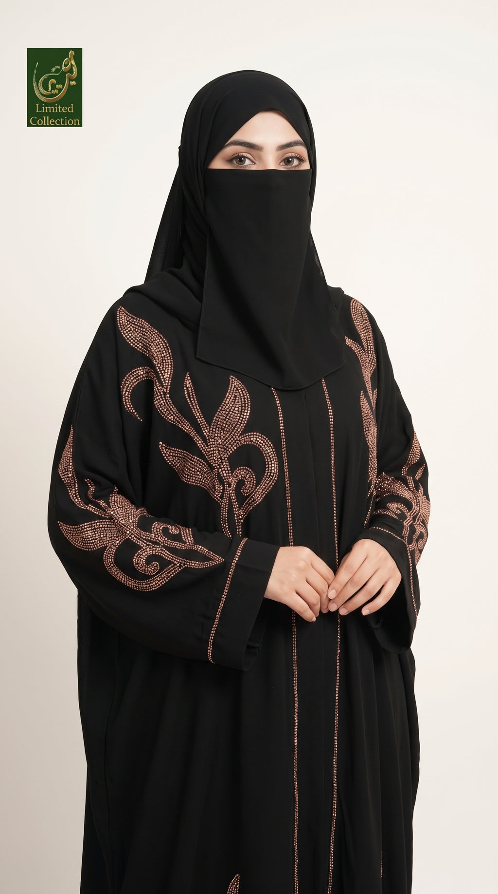 Front-Open Rose-Gold Stonework Black Abaya | Premium Nida Flame Motif Stonework Black Abaya