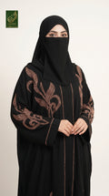 Front-Open Rose-Gold Stonework Black Abaya | Premium Nida Flame Motif Stonework Black Abaya