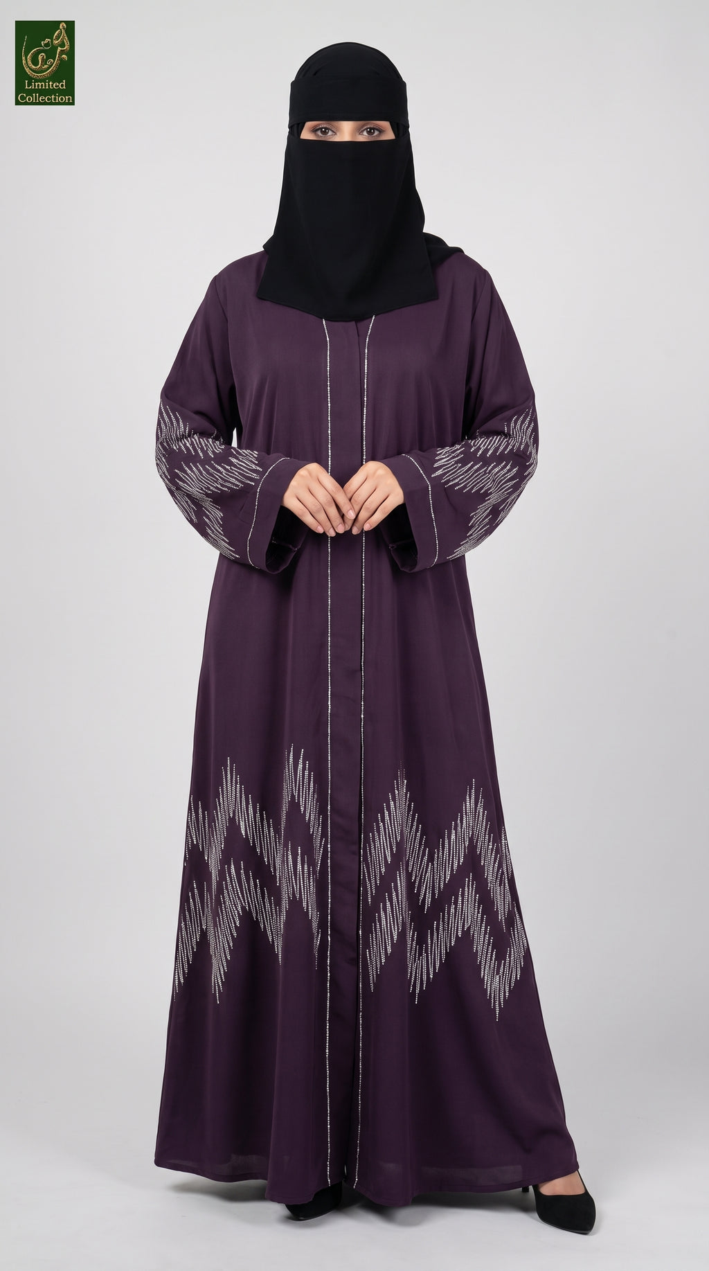 Front-Open Zig-Zac Stone Embellished Abaya | Premium Nida Stonework Abaya with Scarf