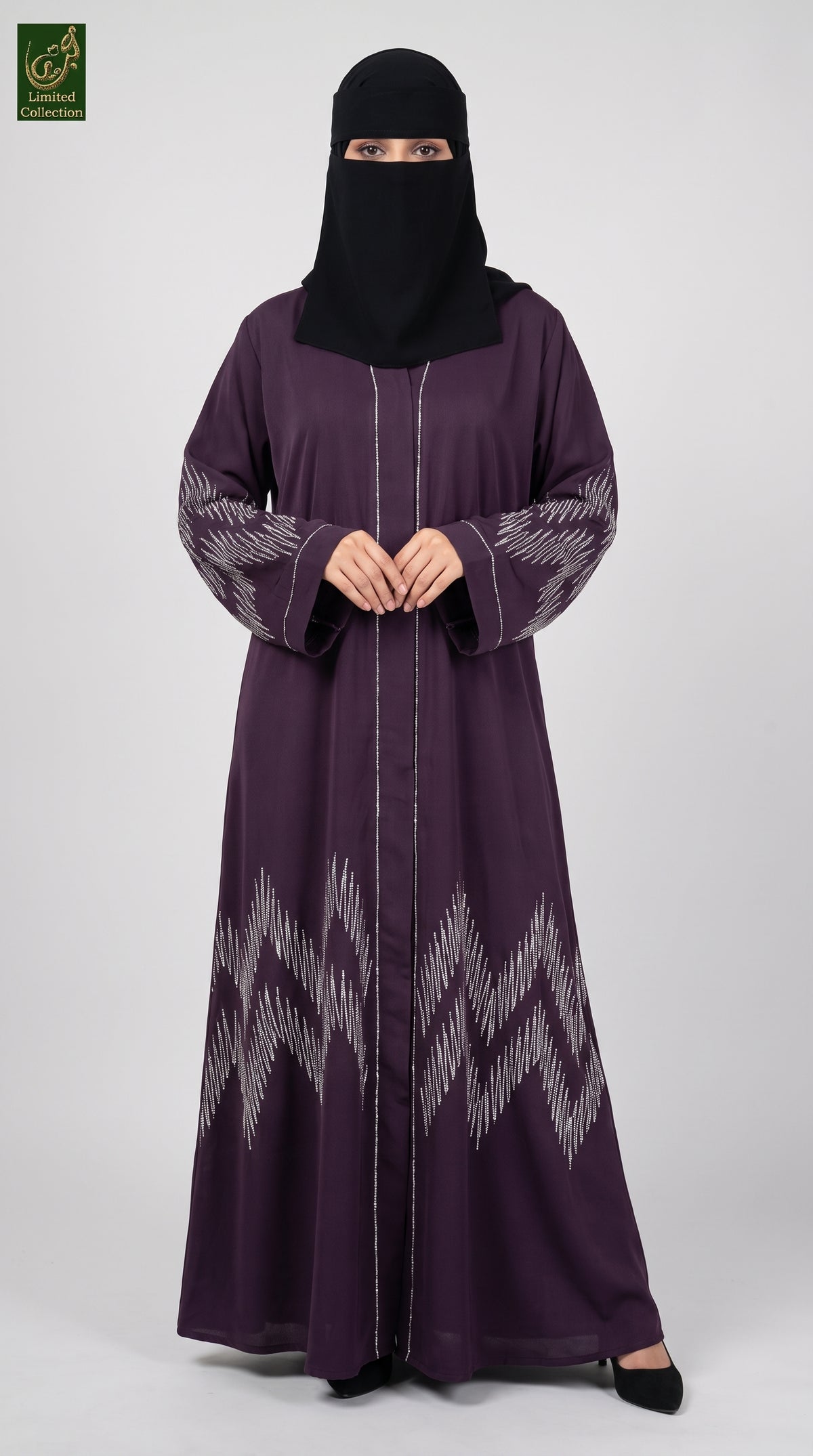 Front-Open Zig-Zac Stone Embellished Abaya | Premium Nida Stonework Abaya with Scarf