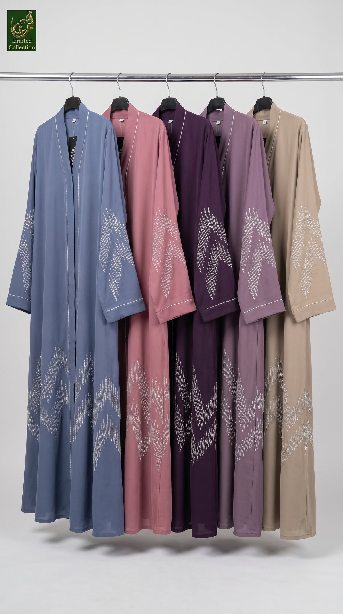 Front-Open Zig-Zac Stone Embellished Abaya | Premium Nida Stonework Abaya with Scarf