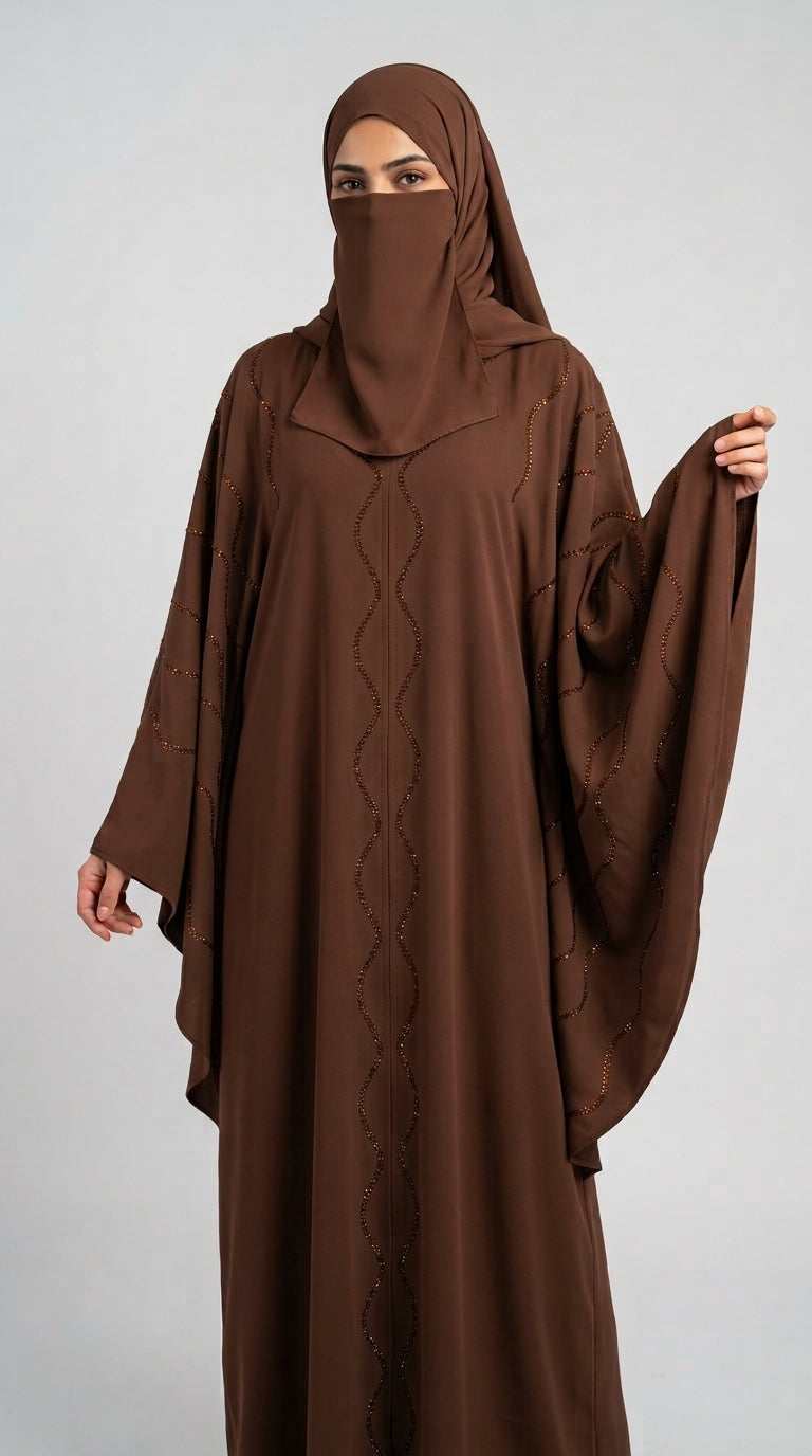 Front-Open Wave Stonework Butterfly Abaya | Premium Nida Brown Stonework Butterfly Abaya
