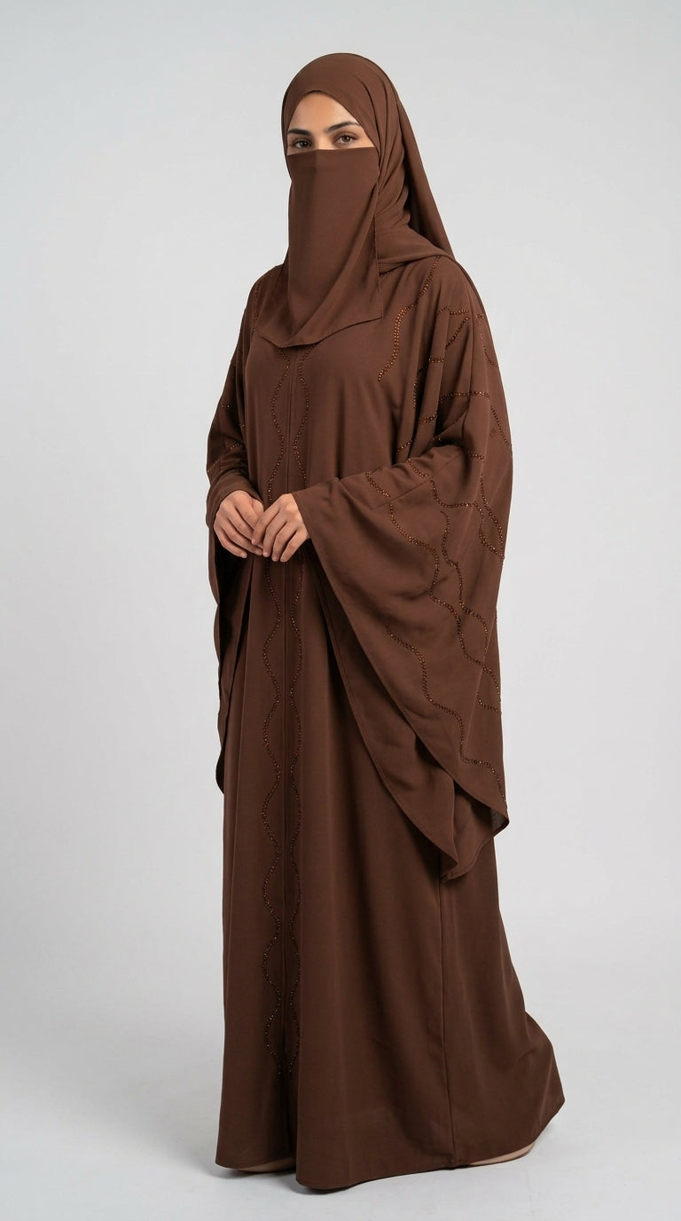 Front-Open Wave Stonework Butterfly Abaya | Premium Nida Brown Stonework Butterfly Abaya