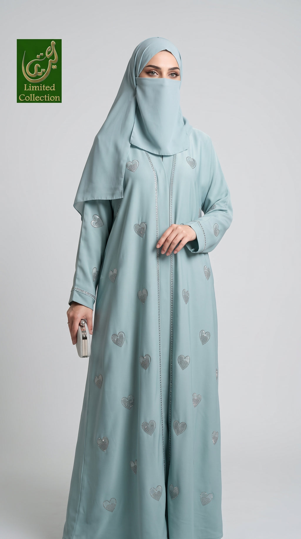 Front-Open Scattered Heart Stonework Embroidery Abaya | Premium Romantic Nida Embroidered Stonework Abaya