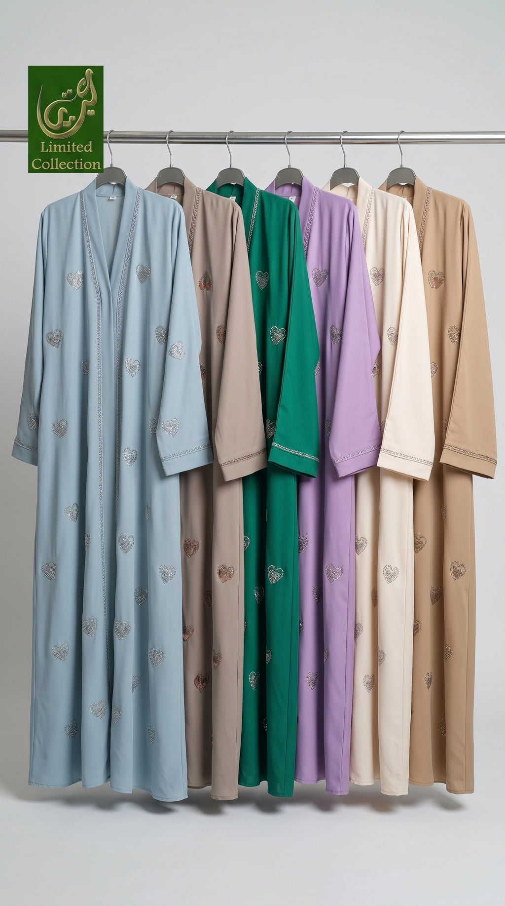 Front-Open Scattered Heart Stonework Embroidery Abaya | Premium Romantic Nida Embroidered Stonework Abaya