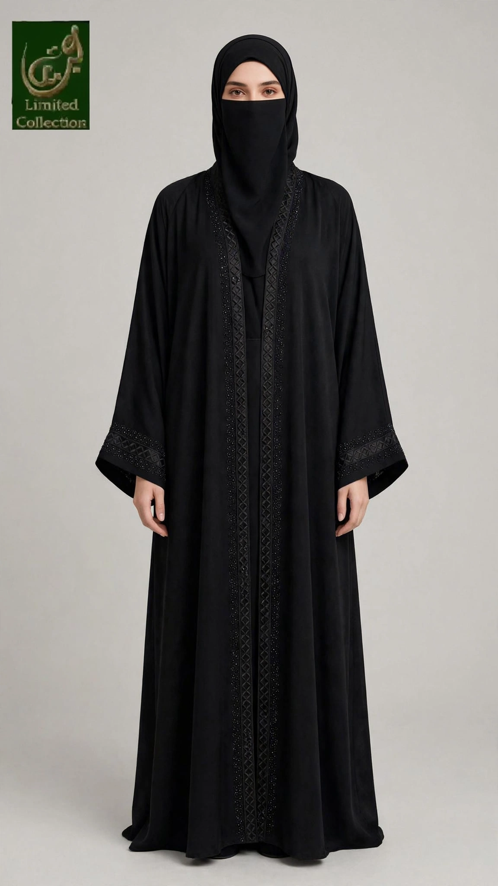 Front-Open Black Diamond Trellis Border Stone-Studded Embroidery Abaya | Premium Nida Embroidered Stonework Black Abaya