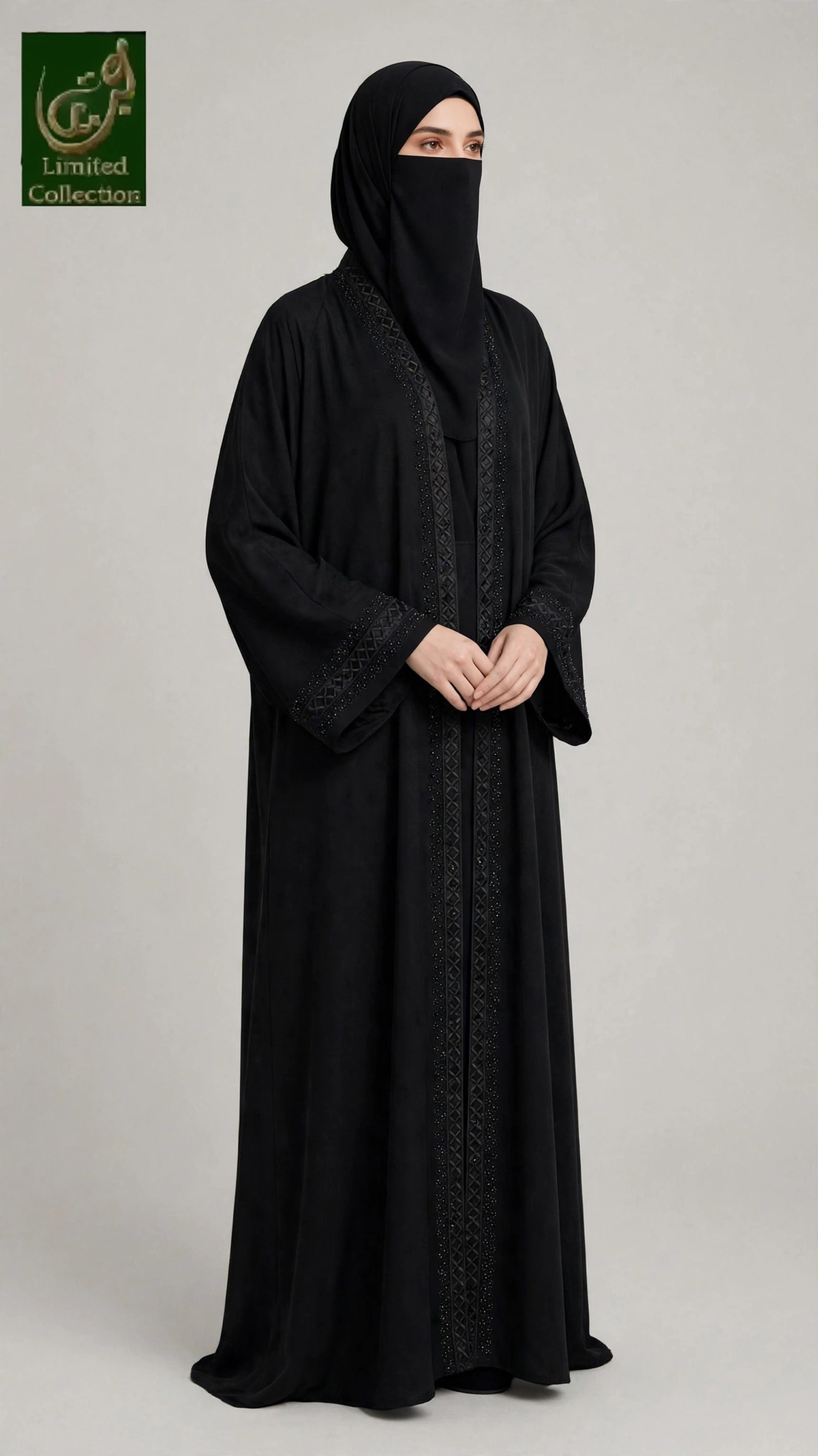 Front-Open Black Diamond Trellis Border Stone-Studded Embroidery Abaya | Premium Nida Embroidered Stonework Black Abaya