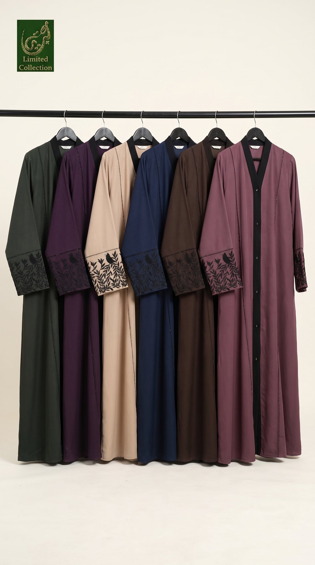 Front-Open Contrast Cuff Stone-Embellished Embroidery Abaya | Premium Nida Embroidered Stonework Colorful Abaya