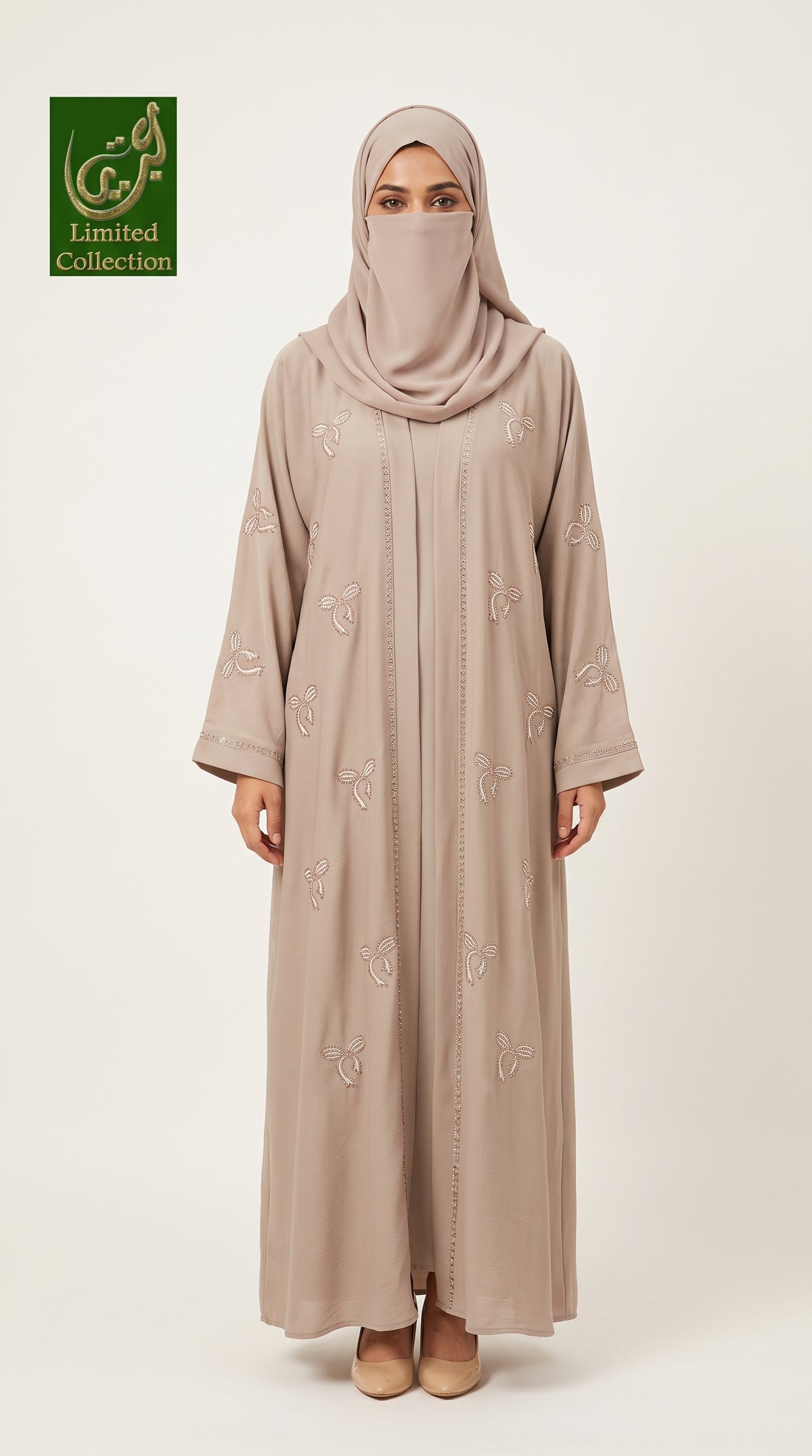 Front-Open Scattered Bow Stonework Embroidery Abaya | Premium Romantic Nida Embroidered Stone-Studded Abaya