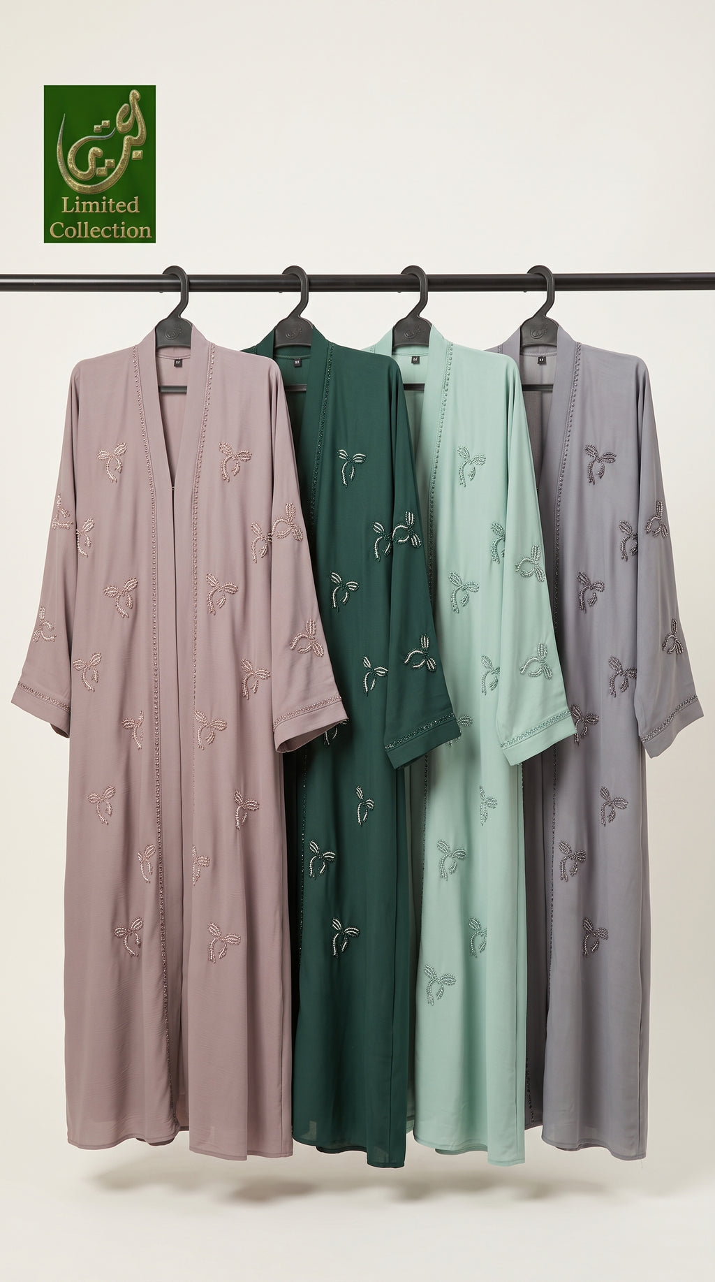 Front-Open Scattered Bow Stonework Embroidery Abaya | Premium Romantic Nida Embroidered Stone-Studded Abaya
