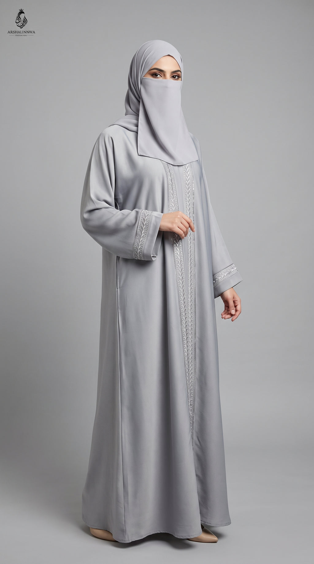 Front-Open Abaya with Chevron Stonework Embroidery | Premium Romantic Nida Embroidered Stonework Abaya