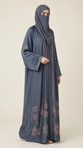 Front-Open Embroidered Stonework Border Abaya | Premium Romantic Nida Embroidered Stonework Colorful Abaya
