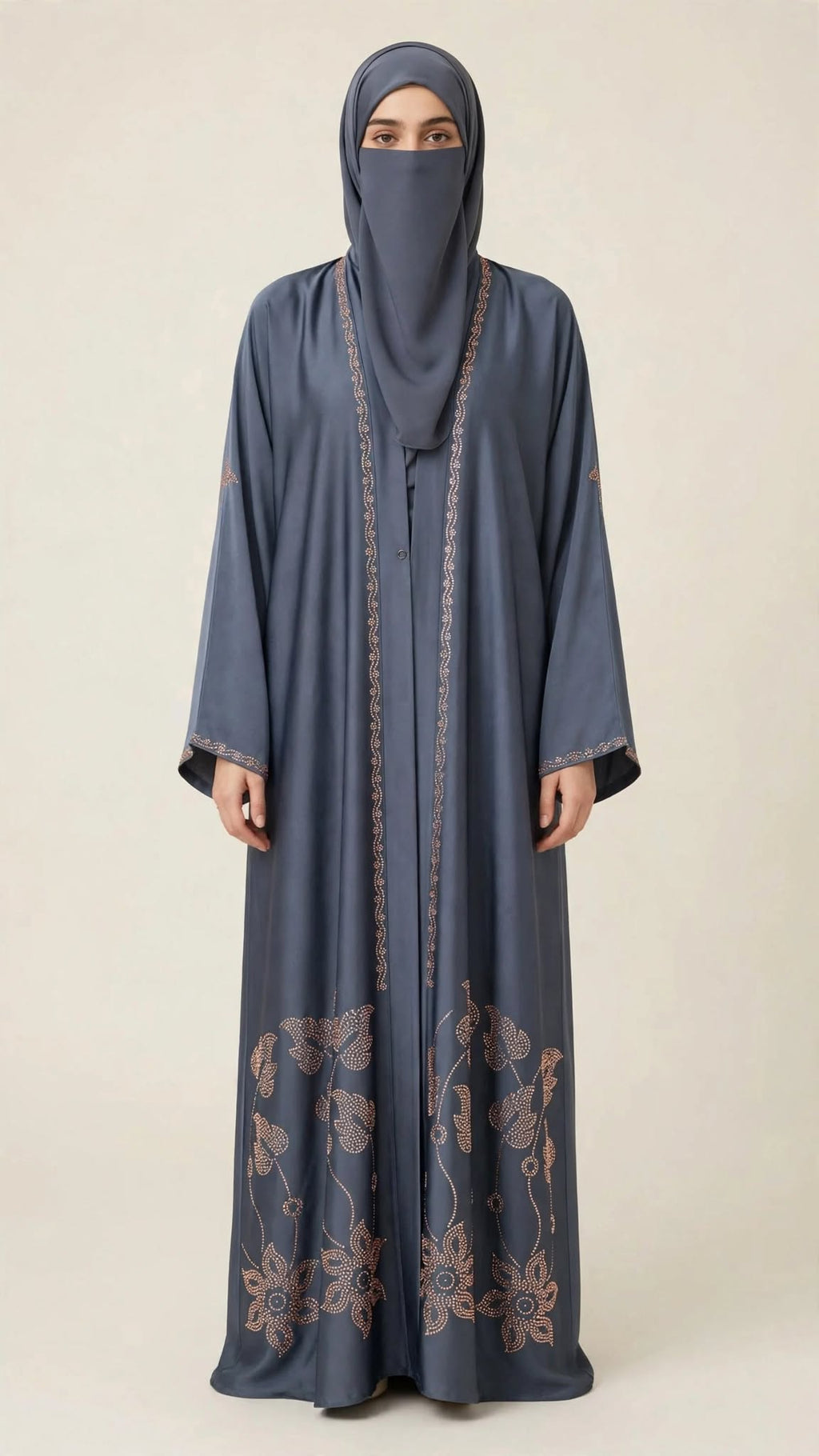 Front-Open Embroidered Stonework Border Abaya | Premium Romantic Nida Embroidered Stonework Colorful Abaya