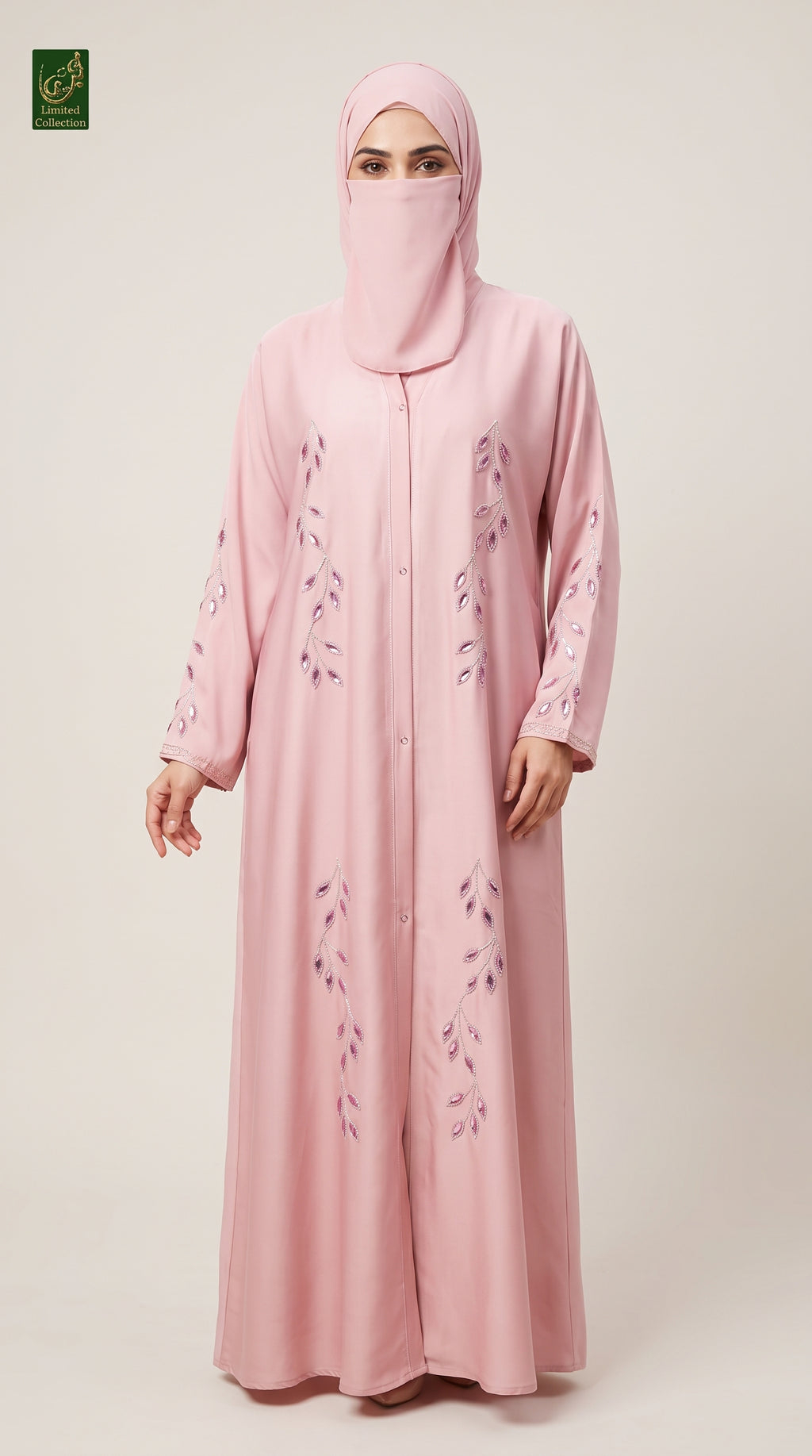 Front-Open Jeweled Vine Stonework Embroidered Abaya | Premium Romantic Nida Abaya with Stone Embellished Embroidery