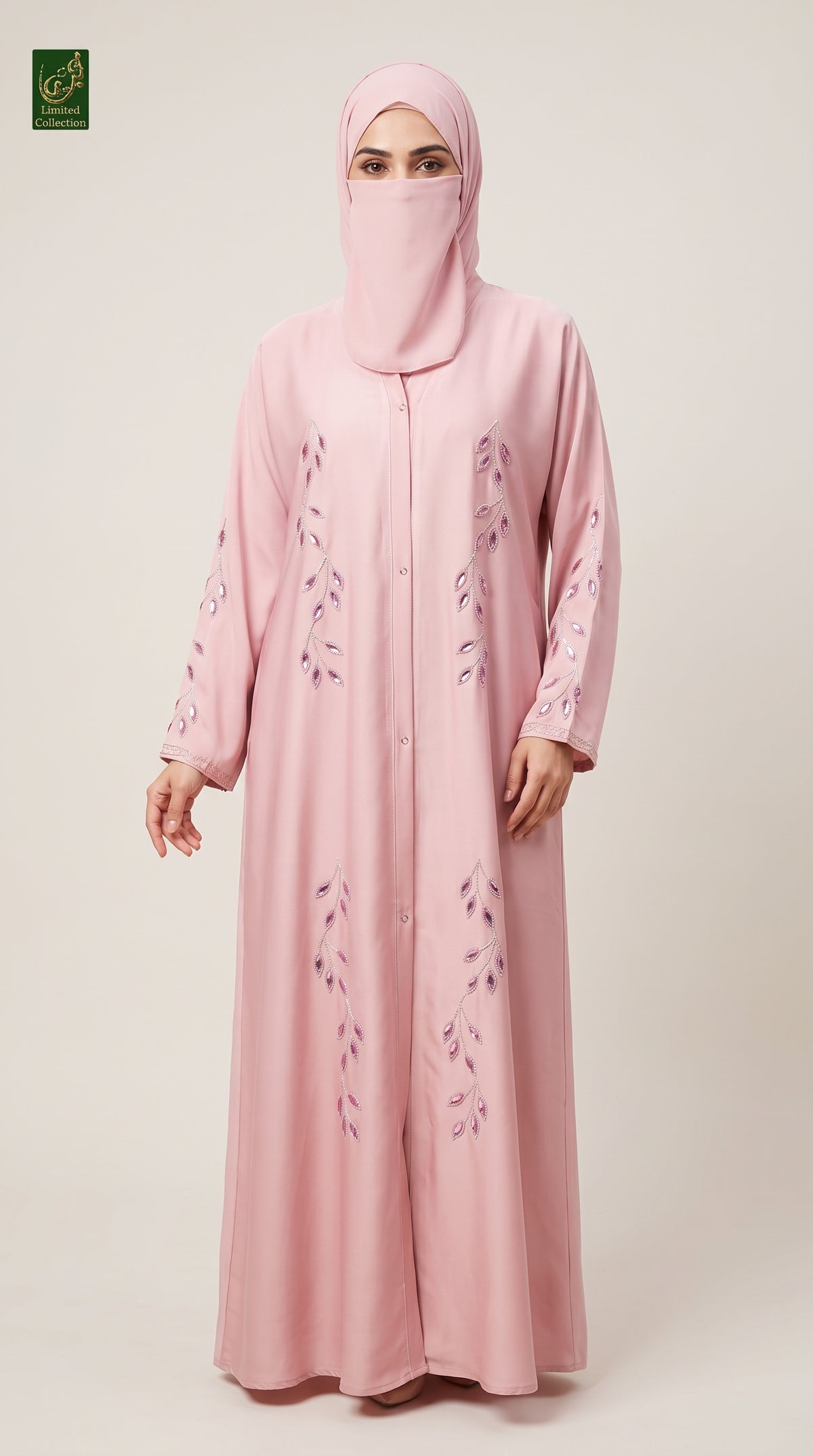 Front-Open Jeweled Vine Stonework Embroidered Abaya | Premium Romantic Nida Abaya with Stone Embellished Embroidery