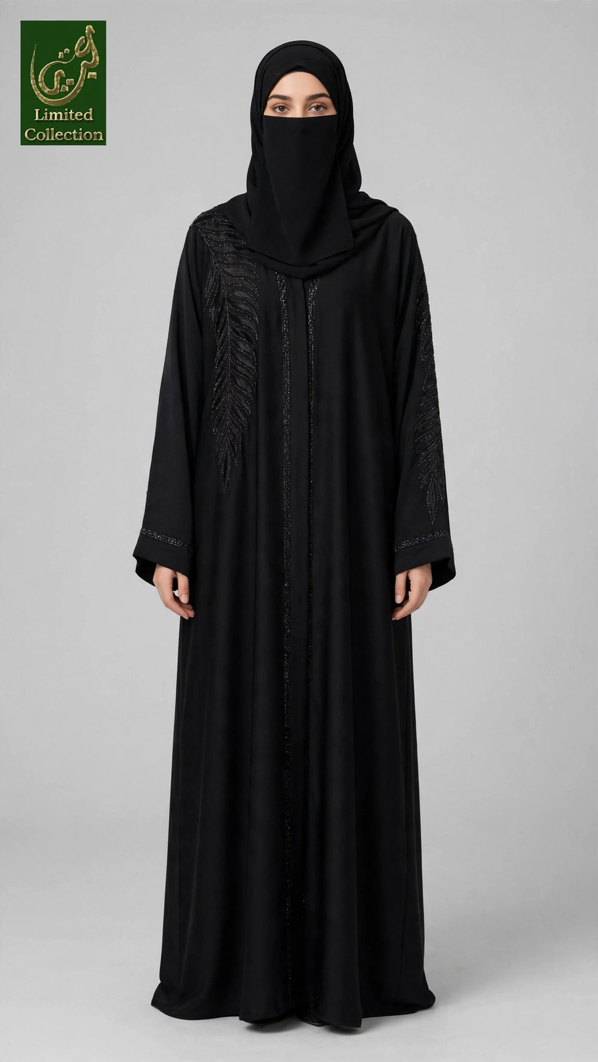 Front-Open Tonal Leaf Stonework Embroidery Black Abaya | Premium Romantic Nida Black Stone-Studded Embroidered Abaya
