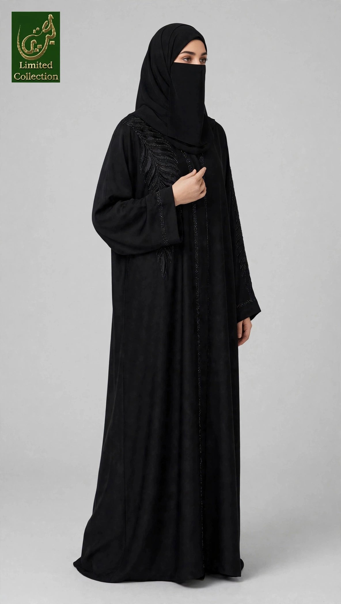 Front-Open Tonal Leaf Stonework Embroidery Black Abaya | Premium Romantic Nida Black Stone-Studded Embroidered Abaya