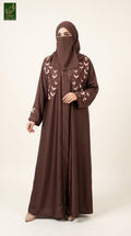 Front Open Leafy Embroidery Stonework Abaya | Premium Romantic Nida Stone-Studded Embroidered Abaya